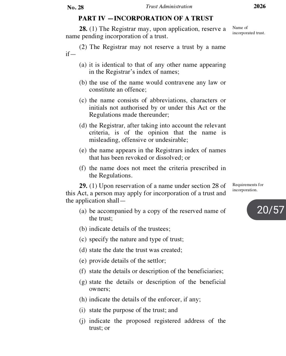 Thuranira_1's tweet photo. No more registration of your Trust Deed at Ardhi House, the law has changed.

The Trust Administration Act, 2026 has moved the administration of trusts into a new statutory framework under the Registrar of Trusts at BRS. For an incorporated Trust, you now begin by reserving the proposed name with the Registrar, followed by the incorporation application. The Trust then gets a Certificate of Incorporation and becomes a body corporate with separate legal personality.

Incorporating a Trust has become so easy with the new regime.