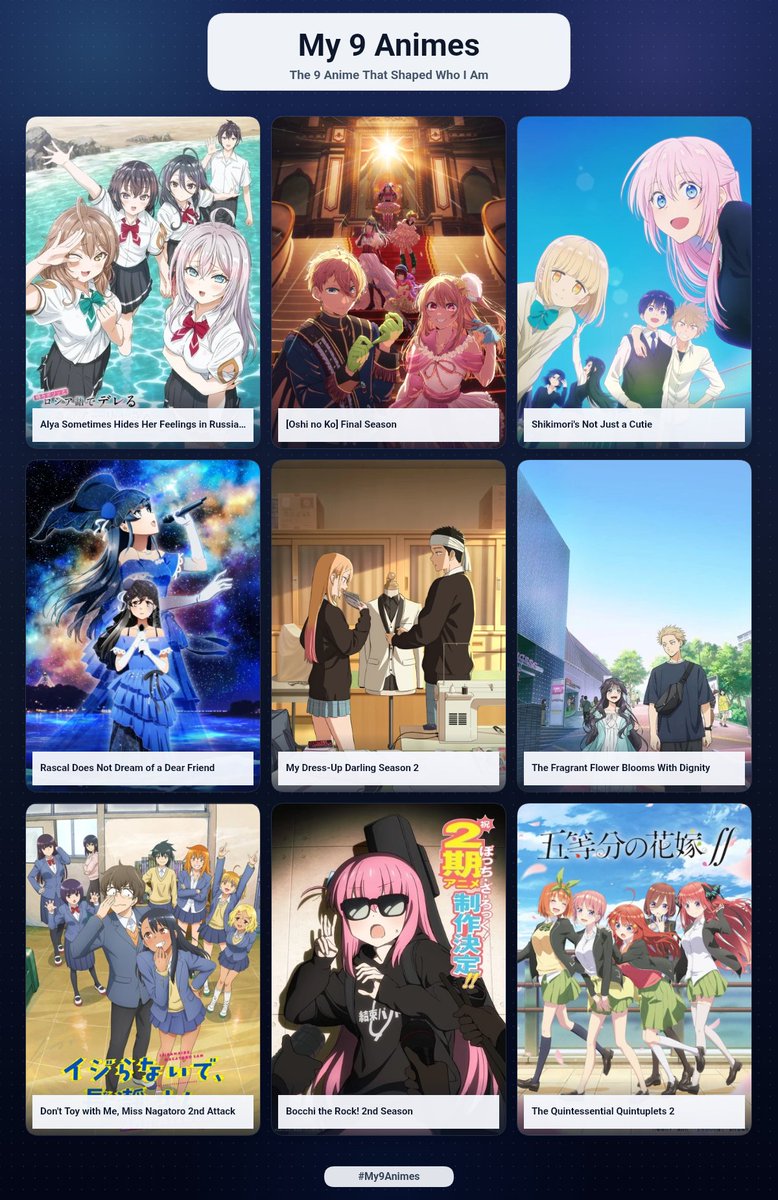 GulayShawn's tweet photo. @Prywinko Some people may find this unusual but this is my preference for animes. I'm more of a romcom/slice of life anime man.

PS: I prefer to choose top 10 but I can only choose 9. But if I had the chance to choose the 10th anime, the 10th anime would've been Witch Watch. https://t.co/Zqe8wEPaaP