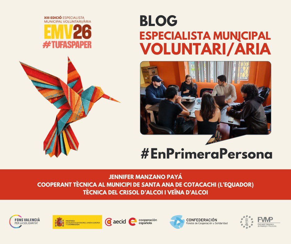 fonsvalencia's tweet photo. 💻Blog “Especialista Municipal Voluntari/ària” del @fonsvalencia

👤#EnPrimeraPersona

🌎Jennifer Manzano Payá, tècnica del Centre de Recuperació i Inclusió Social i Sociolaboral (CRISOL) i veïna d’Alcoi, conta la seua experiència com a cooperant tècnica al municipi de Santa Ana de Cotacachi (L’Equador)

🤝#TuFasPaper

🔗https://t.co/YvUq6vvMrF