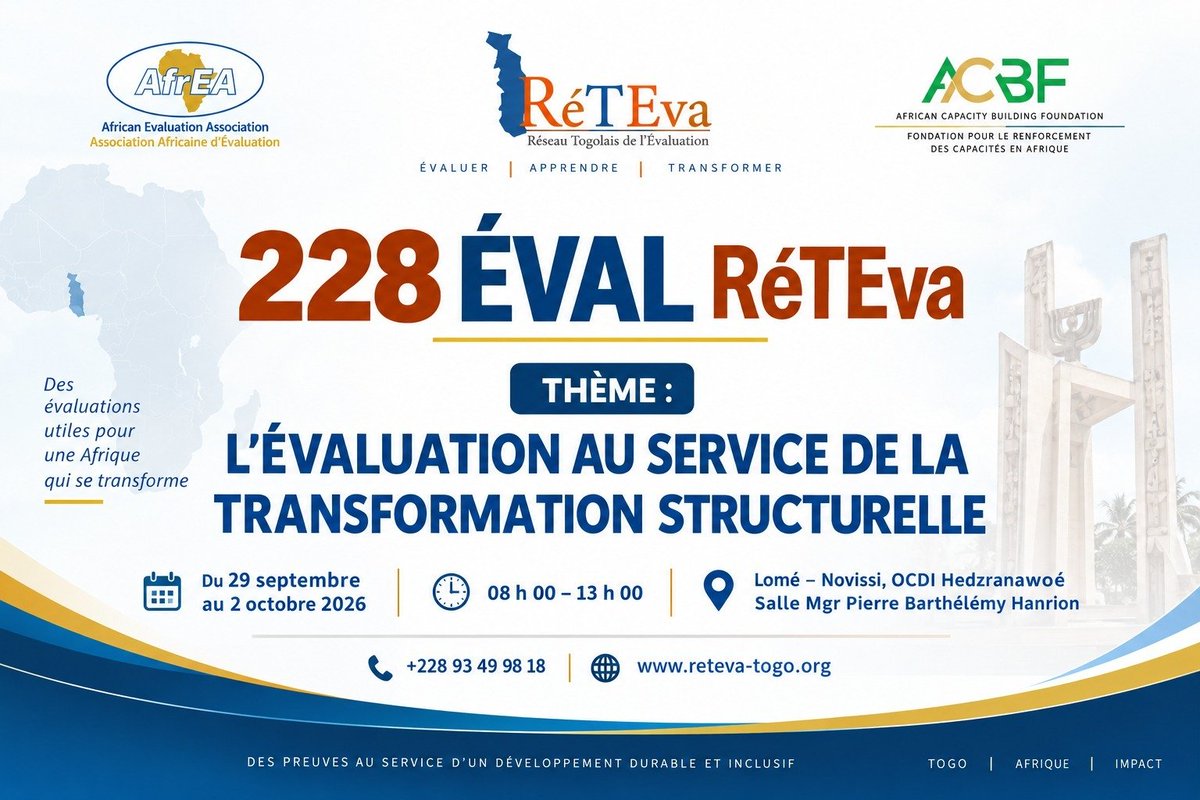 Reteva_Eval's tweet photo. JOUR-J 🚀
Le 228 ÉVAL #RéTEva démarre ce MATIN à Lomé .
Thème: L'ÉVALUATION AU SERVICE DE LA TRANSFORMATION STRUCTURELLE
📍 OCDI Hedzranawoé, Lomé Novissi
🕗 08h-13h | 29 sept-02 oct
#228EVAL #RéTEva #AfrEA #ACBF https://t.co/cn2xcLtWKb