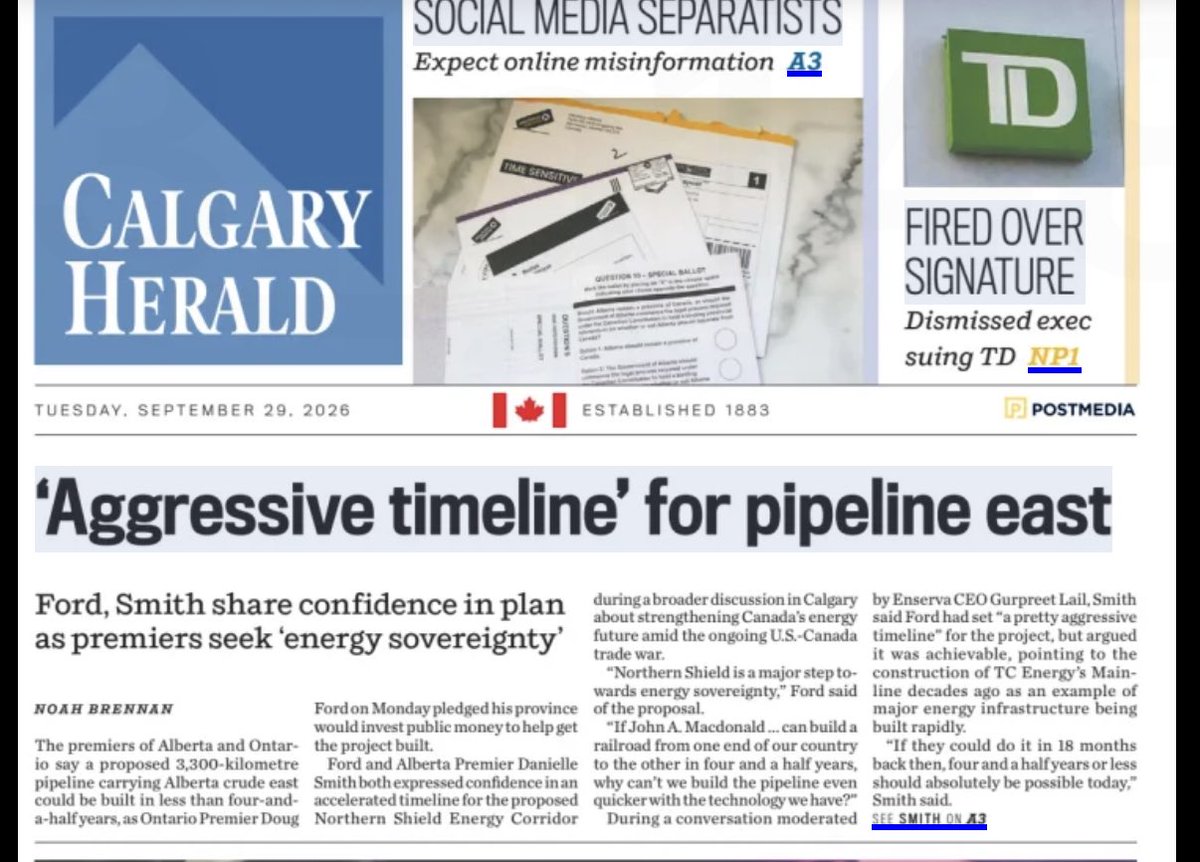Crockatteer's tweet photo. Four and a half years could deliver Canada an Energy East pipeline and energy sovereignty, say Premiers Ford and Smith. #ableg #skpoli #ontpoli #cdnpoli @calgaryherald https://t.co/dqrpbSGeno