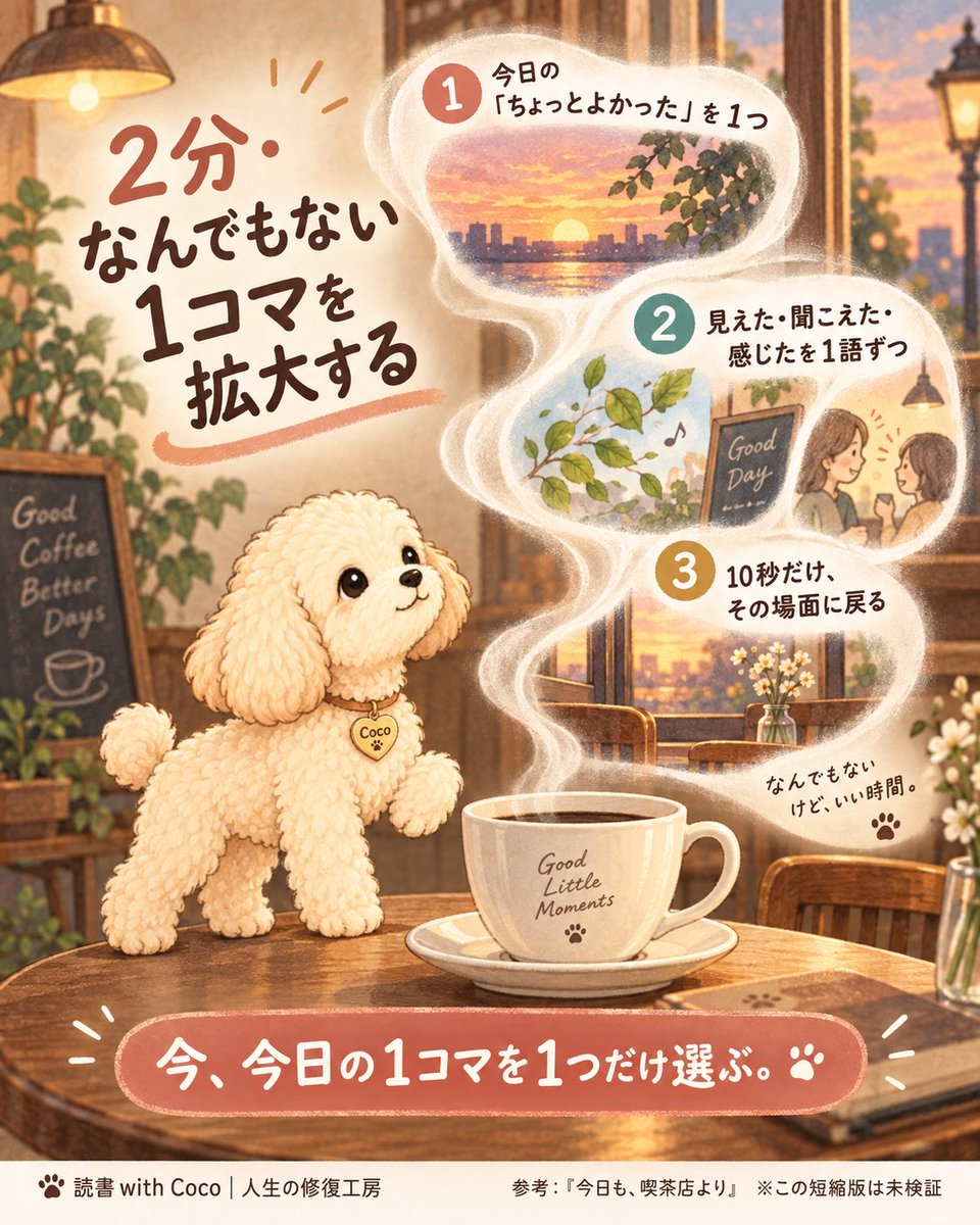read_with_coco's tweet photo. 「今日は何もなかったな」と思う夜に2分だけ🐾

今日の“ちょっとよかった”を1つ選んで、「見えた・聞こえた・感じた」を1語ずつ。最後に10秒だけ、その場面へ戻ります。

『今日も、喫茶店より』の“毎日が最高じゃなくてもいい”視点×savoring研究から作りました。
※この2分版自体は未検証。

今、今日の1コマを1つだけ選んでみる。

読書with Coco🐾