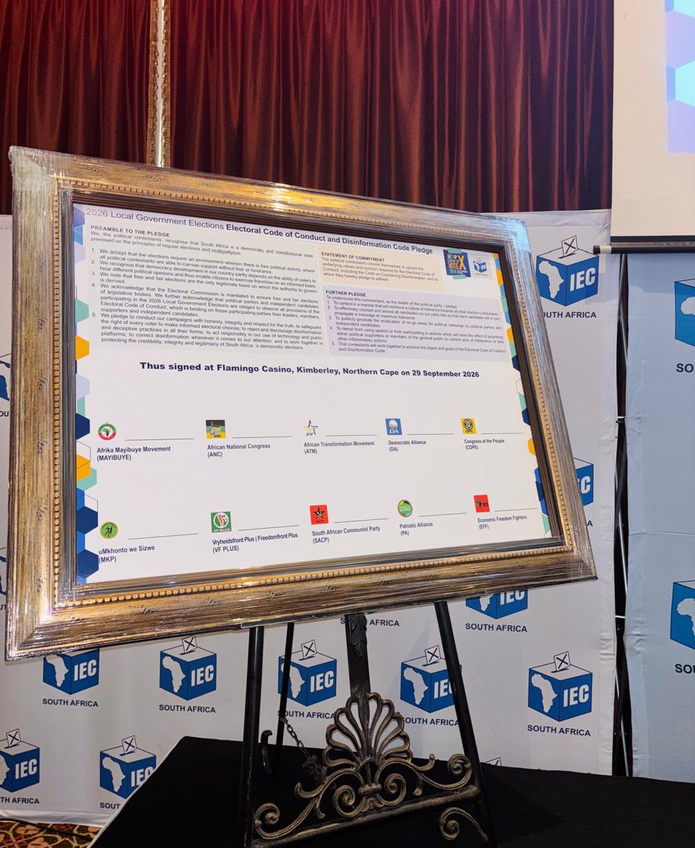 IECSouthAfrica's tweet photo. Northern Cape| Code of Conduct and Disinformation Pledge Signing Ceremony

Political contestants will make a public pledge and sign the Electoral Code of Conduct, reaffirming their commitment to responsible participation in the electoral process.

#Codeofconduct https://t.co/OeWPKQMVcd