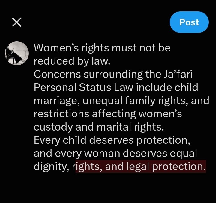 9jrix's tweet photo. No to the Ja’fari Personal Status Law.
No child marriage. No unequal rights.
Women and children deserve equal protection, dignity, and justice. 
#WomensRights
 #ChildMarriage
#IraqiWomen https://t.co/ZErlcxjE8H