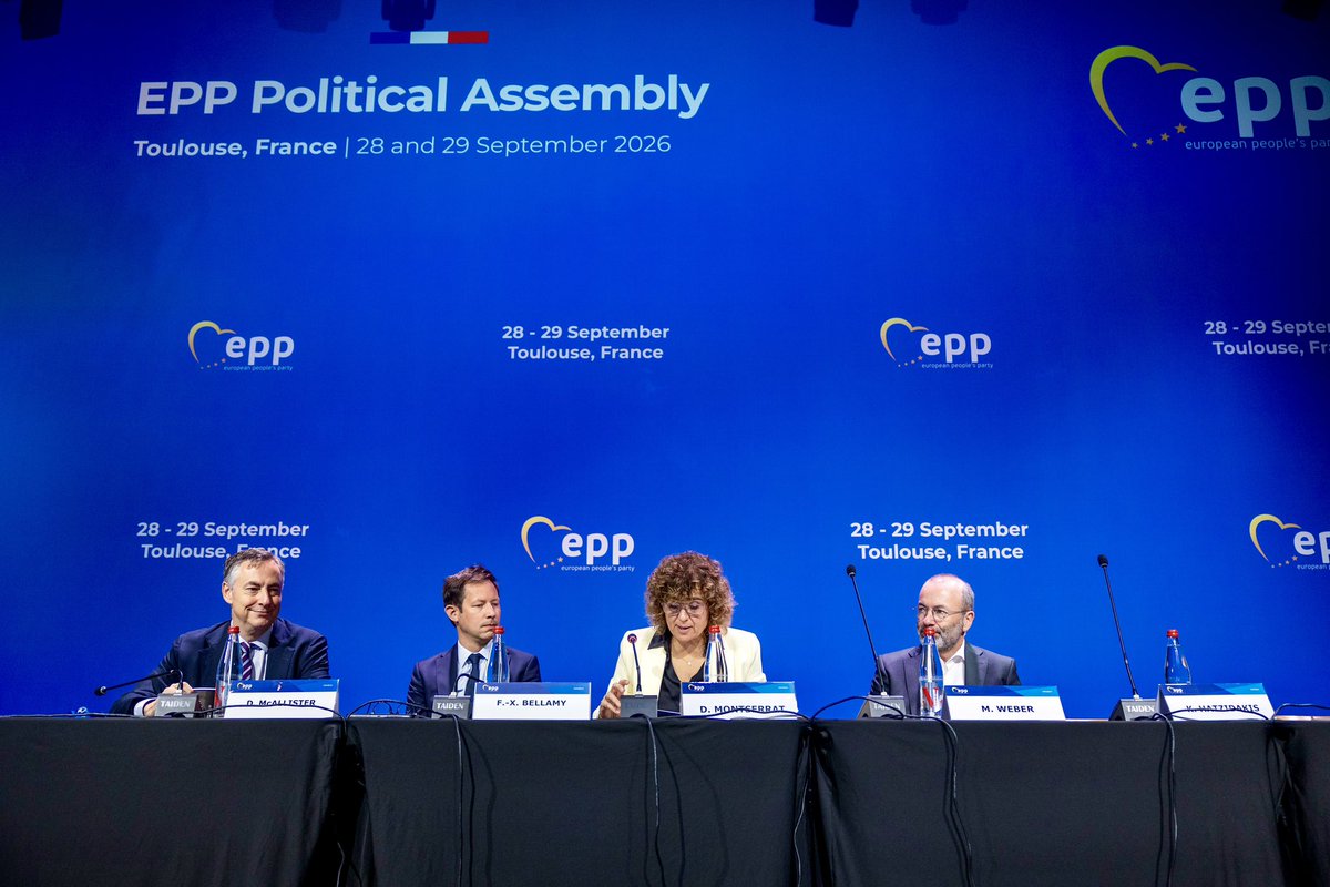 EPP's tweet photo. Europe must be strong where it matters most: at its borders, in its economy, in the next generation of entrepreneurs, and in the defence of democracy and rule of law.

Our resolutions today in this Political Assembly in Toulouse will address the crisis in Ceuta, Europe’s competitiveness, business succession and renewal, Georgia’s democratic decline and Belarus.

Security. Prosperity. Renewal. Freedom. 

Four challenges, one ambition for EPP.