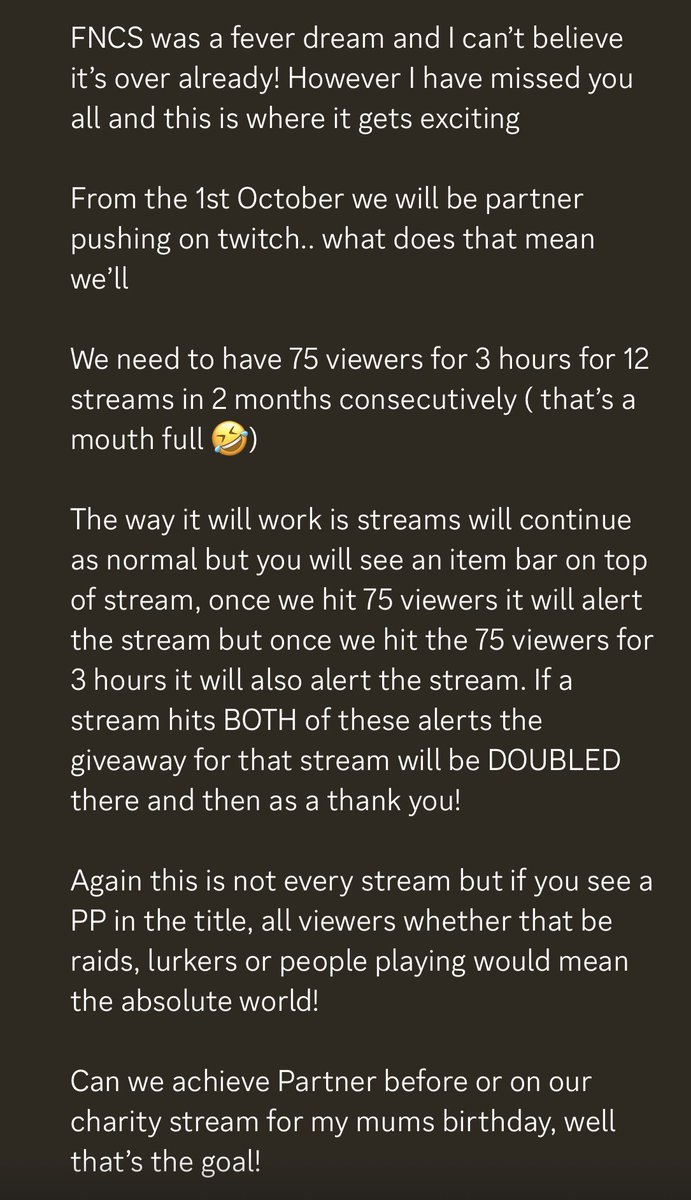 Bekz_xx's tweet photo. OMG A SCHEDULE!

Yes indeed but not just any schedule! I want to see if it’s possible to achieve Partner on Twitch before or on my mums birthday 

Would be a blessing, so if you can spare the time to raid or view me over October/November, would be so so apprecitive 
X https://t.co/xESvQIth0M