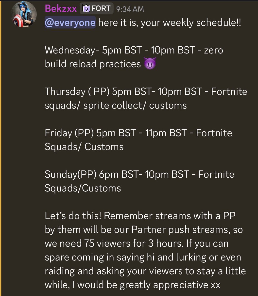 Bekz_xx's tweet photo. OMG A SCHEDULE!

Yes indeed but not just any schedule! I want to see if it’s possible to achieve Partner on Twitch before or on my mums birthday 

Would be a blessing, so if you can spare the time to raid or view me over October/November, would be so so apprecitive 
X https://t.co/xESvQIth0M