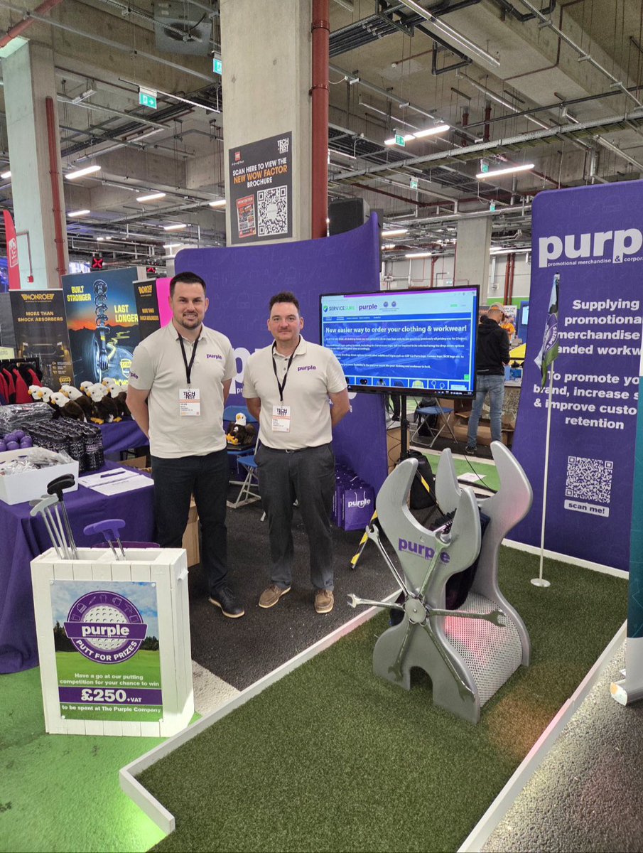 PurpleCompanyUK's tweet photo. Another successful #TechFest for Adam and Rikki, this time at Wembley! 

We had a blast meeting so many people and the Putt for Prizes game was out in full force.⛳️ 

Thank you for having us again @GSFCarParts https://t.co/jY0APGlfwx