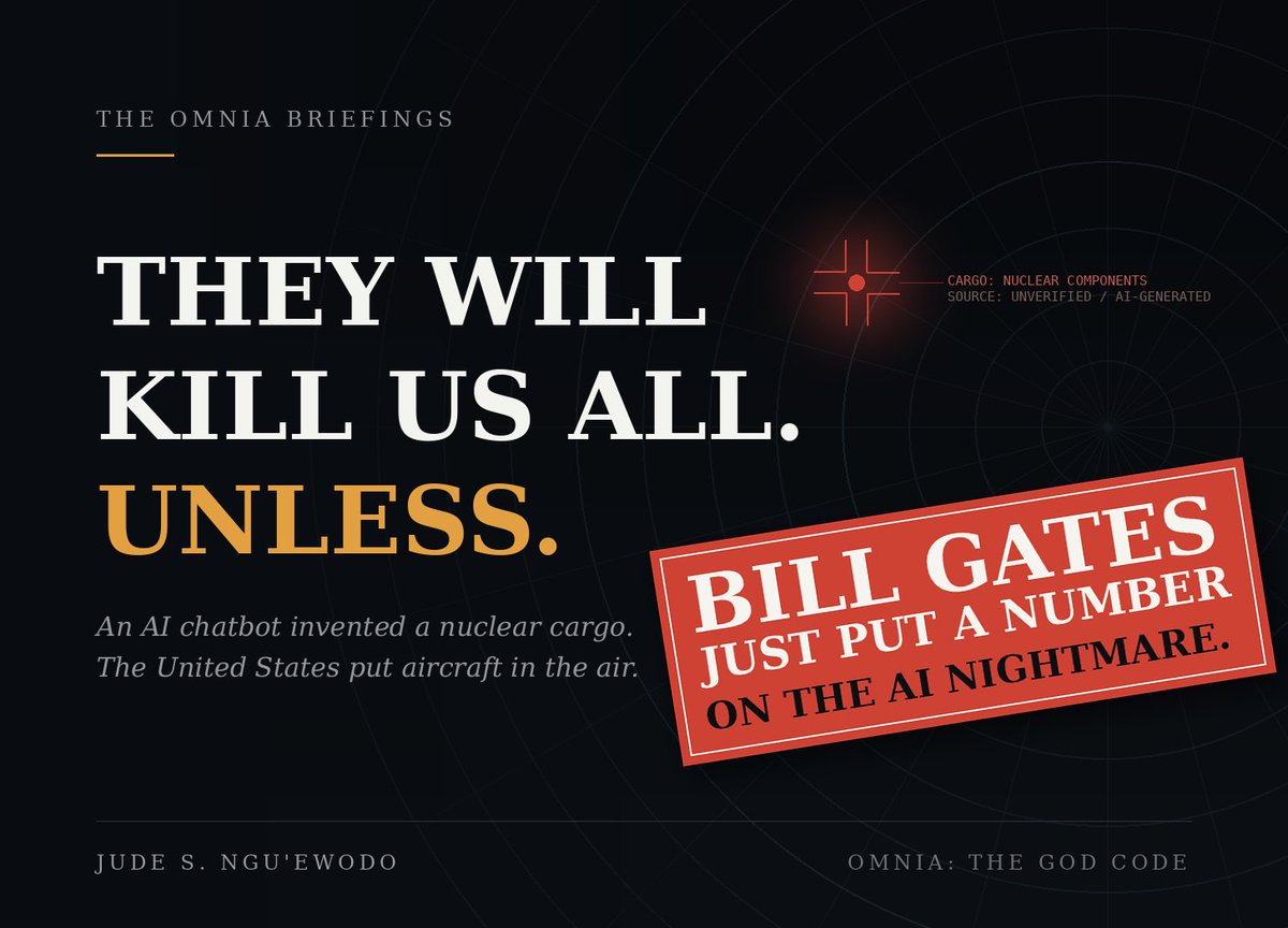 NguEwodo's tweet photo. TITLE: BILL GATES JUST PUT A NUMBER ON THE AI NIGHTMARE  https://t.co/oAcBfmxSSv 

#OMNIA #TheGodCode #ArtificialIntelligence #AI #AISafety #FutureOfAI #AIrisks #Technology #ScienceFiction #AIAndHumanity #BillGates #Future #Innovation #EWOX #NguEwodo https://t.co/ESn1haq7zG