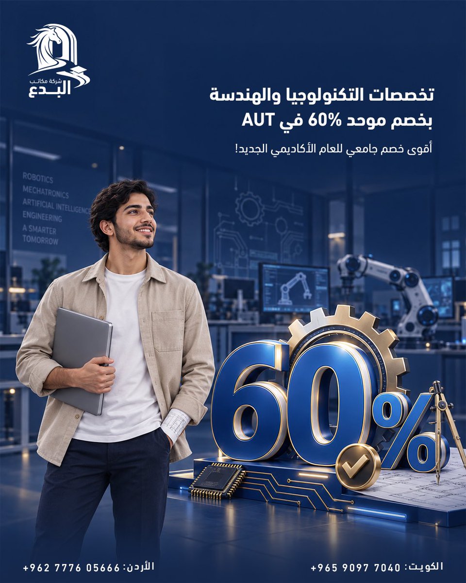 albedaa_edu's tweet photo. مستقبلك في مجالات الهندسة والتكنولوجيا 

سجل الآن في جامعة AUT واحصل على خصم موحد 60% على تخصصات الهندسة والتكنولوجيا 

للتسجيل والاستفسار، تواصل معنا 
📍 شركة مكاتب البدع - وكيل رسمي معتمد.
     -  تضاف عمولة مكتب بنسبة 10-15%
📞 الكويت: 90977040 / 90978870 | الأردن: 0777605666 https://t.co/MozM9hXTh5