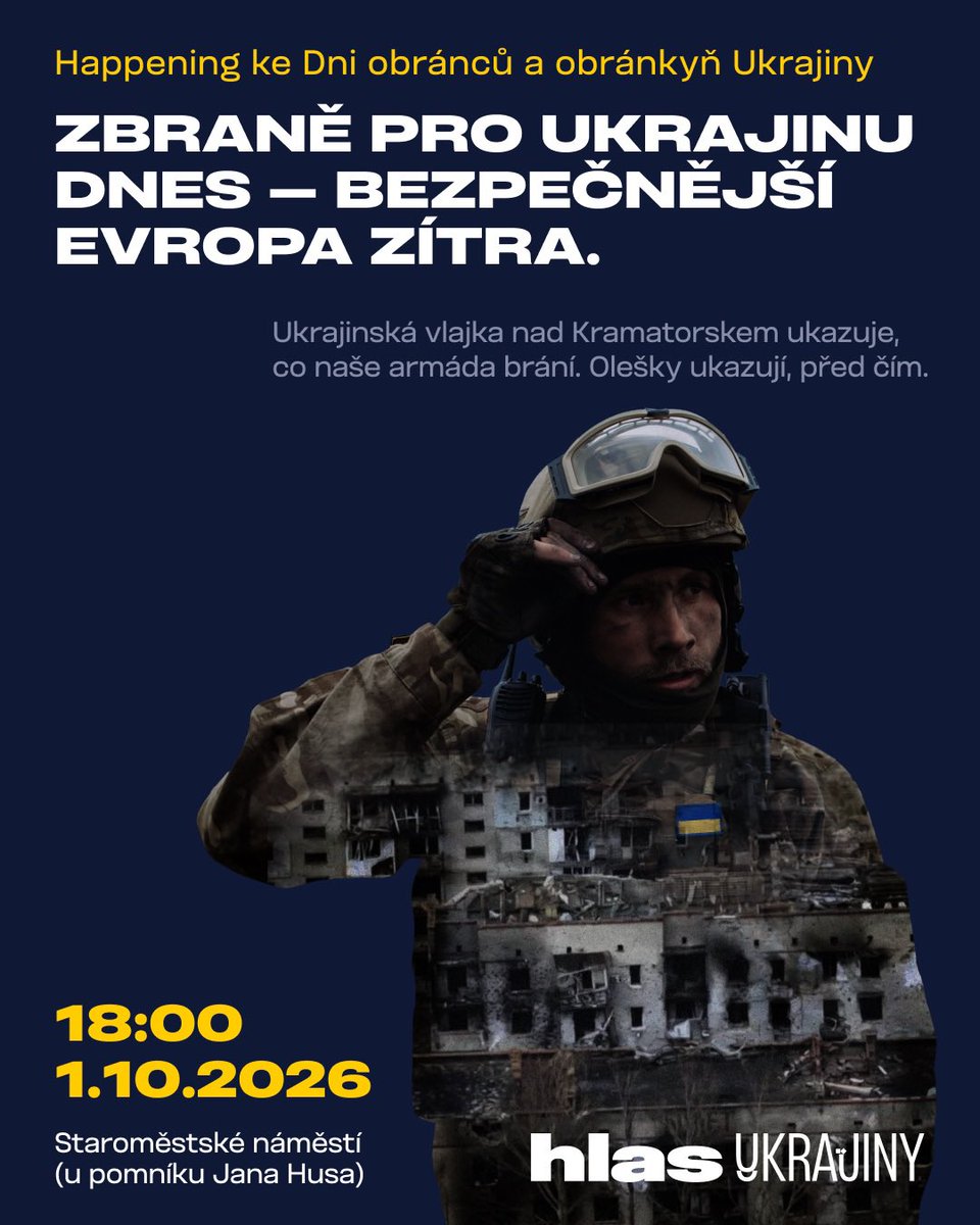 sihna_'s tweet photo. 1. října, na Den obránců a obránkyň Ukrajiny, se sejdeme na Staroměstském náměstí v Praze, abychom poděkovali ukrajinským vojákům a znovu vyzvali Evropu k větší vojenské podpoře Ukrajiny.

1. 10. | 18:00 | Staroměstské náměstí (u pomníku Jana Husa), Praha

Tentokrát s námi na náměstí budou také vojáci 39. samostatného praporu bezpilotních systémů, kteří jsou nyní v Česku.
Přivezli s sebou část ukrajinské vlajky z Kramatorsku, kterou zasáhly ruské drony. Je to velmi prostý symbol toho, o co se dnes bojuje. Rusko se snaží ukrajinskou přítomnost zničit – od vlajky nad ukrajinským městem v Doněcké oblasti až po samotnou možnost Ukrajiny existovat jako nezávislý stát. Modrožlutá vlajka je velmi konkrétní hranicí mezi svobodným ukrajinským městem a ruskou okupací.

Co tato okupace přináší, je dnes vidět v Oleškách v Chersonské oblasti. Město je pod ruskou kontrolou od roku 2022. Letos v červnu OSN informovala, že poslední obchod s potravinami tam přestal pravidelně fungovat už v lednu. Lidé celé měsíce přežívali ze zásob a nepravidelných soukromých dodávek a od 26. května se do města nedostávaly žádné potraviny. Zdravotní péče je téměř nedostupná a z města je velmi obtížné odjet. Rusko má přitom jako okupační mocnost povinnost zajistit obyvatelstvu potraviny a zdravotní péči a umožnit poskytování humanitární pomoci.

Nejde o ojedinělý případ. OSN na Ruskem okupovaných územích Ukrajiny dokumentuje zabíjení civilistů, mučení, sexuální násilí, svévolné zadržování a násilná zmizení.
Právě proto je tak důležité, aby ukrajinská vlajka zůstala nad Kramatorskem i dalšími ukrajinskými městy. A právě proto ukrajinská armáda potřebuje zbraně.

Ukrajinští vojáci dnes brání tomu, aby ruská okupace postupovala dál. Jejich schopnost to dělat přímo závisí na tom, zda budou mít dostatek prostředků protivzdušné obrany, munice, dronů, systémů dlouhého dosahu a další výzbroje.

Nestačí pomáhat Ukrajině vydržet. Ukrajina potřebuje prostředky, aby mohla ruskou armádu zastavit.

Protože tam, kde stojí ukrajinská armáda, zůstává Ukrajina. A Olešky ukazují, co se s ukrajinskými městy děje, když přijde ruská okupace.