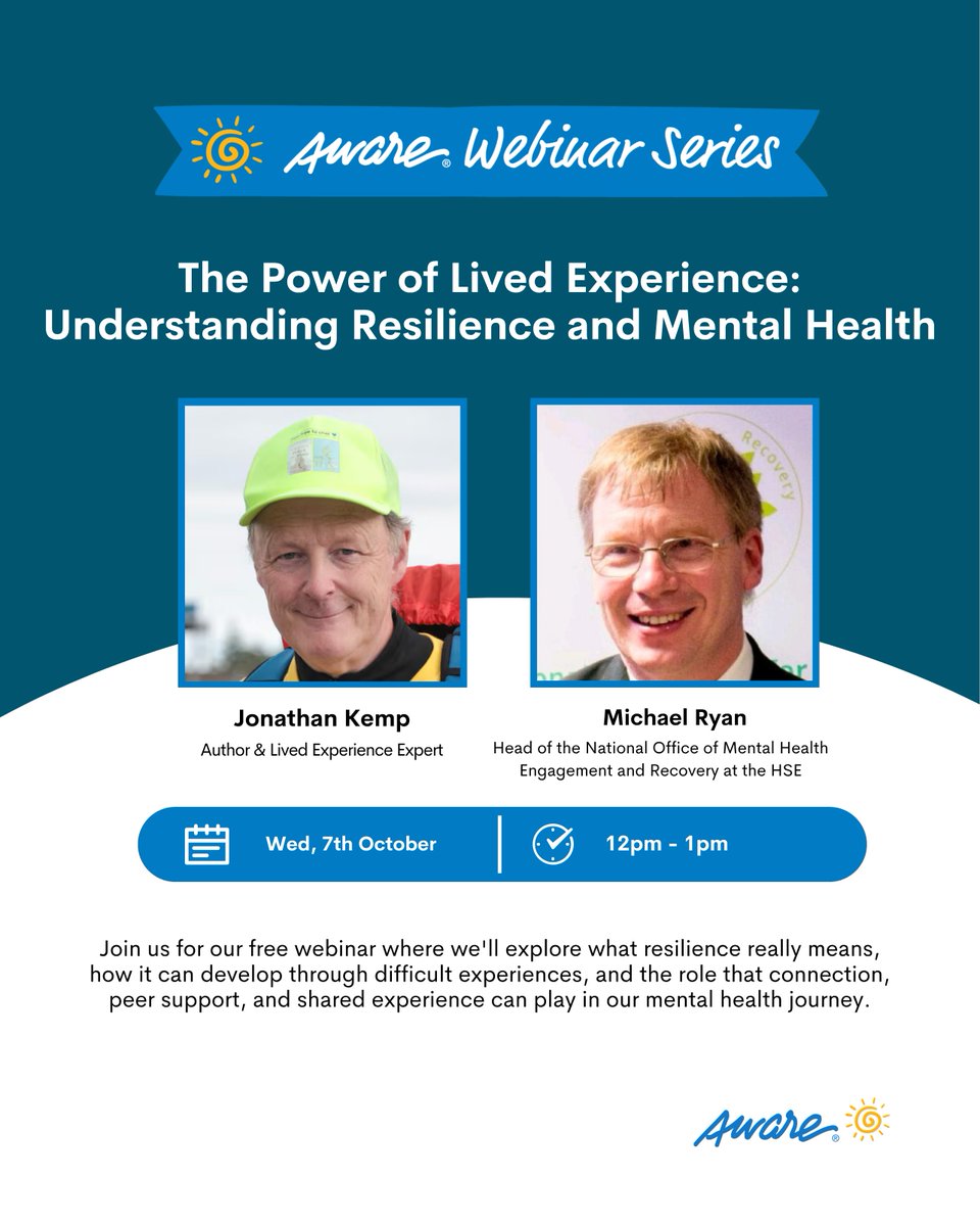 Aware's tweet photo. Join us for our free webinar on Wednesday, October 7th, as part of Aware Mental Health Week 2026 👉 https://t.co/Fg9bA3exmh

Explore what resilience really means, how it can develop through difficult experiences, and the role of connection, peer support and lived experience. https://t.co/221rg4QWem