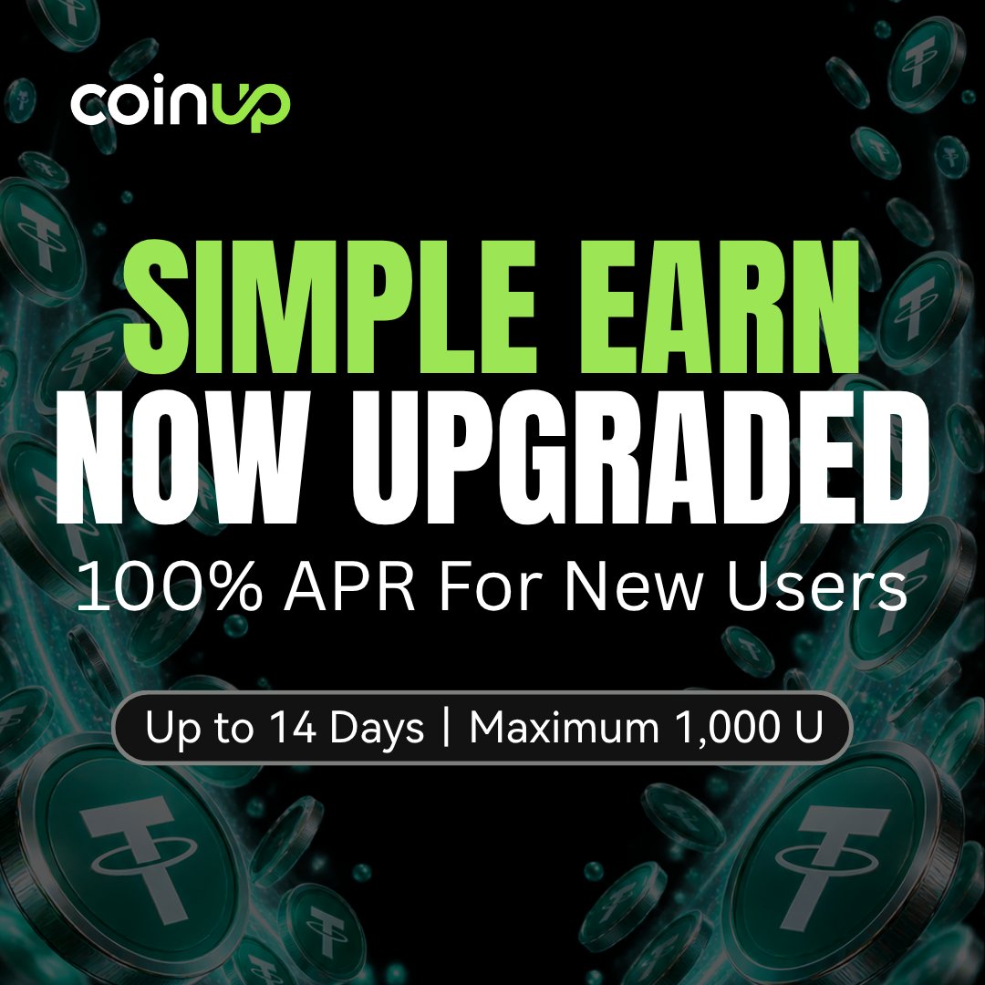 CoinUpOfficials's tweet photo. Simple Earn just got an upgrade. 
CoinUp Simple Earn has been upgraded, together with an exclusive introductory offer for new users.  

✨ Enjoy 100% APR on USDT
⏳ Earn for up to 14 days 
💰 Maximum subscription: 1,000 USDT  

Available for a limited time. Subscribe to Simple Earn today.  

Campaign Details 👉 https://t.co/yw3CYLQTJO 
Subscribe Now 👉 https://t.co/sDrBXgwfXY