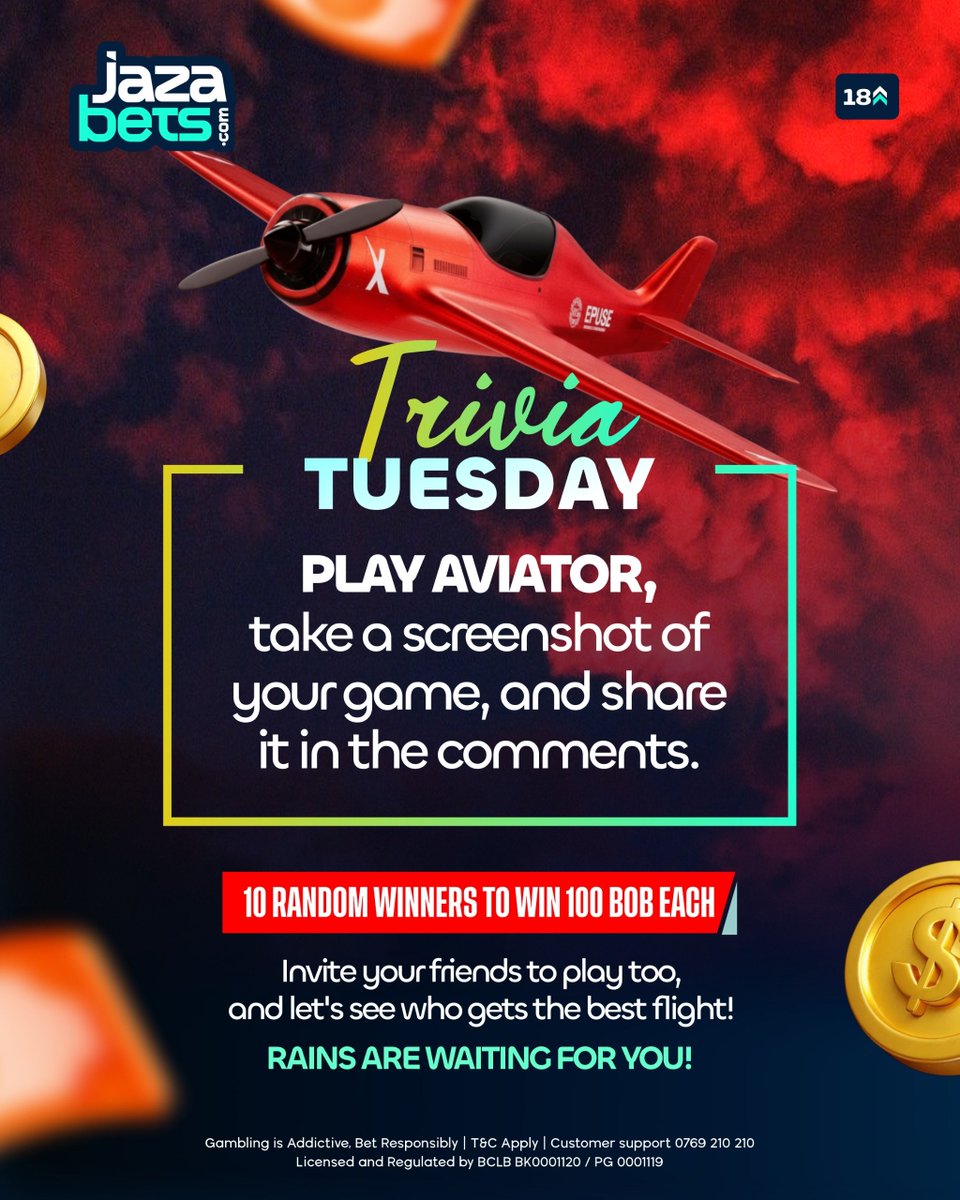 jazabets's tweet photo. TRIVIA TUESDAY

PLAY AVIATOR, take a screenshot of your game, and share it in the comments.

10 RANDOM WINNERS TO WIN 100 BOB EACH

Invite your friends to play too, and let's see who gets the best flight!

AVIATOR RAINS ARE WAITING FOR YOU!

Cheza hapa 👉 https://t.co/ktDJhujwoY

#Jazabets #TriviaTuesday