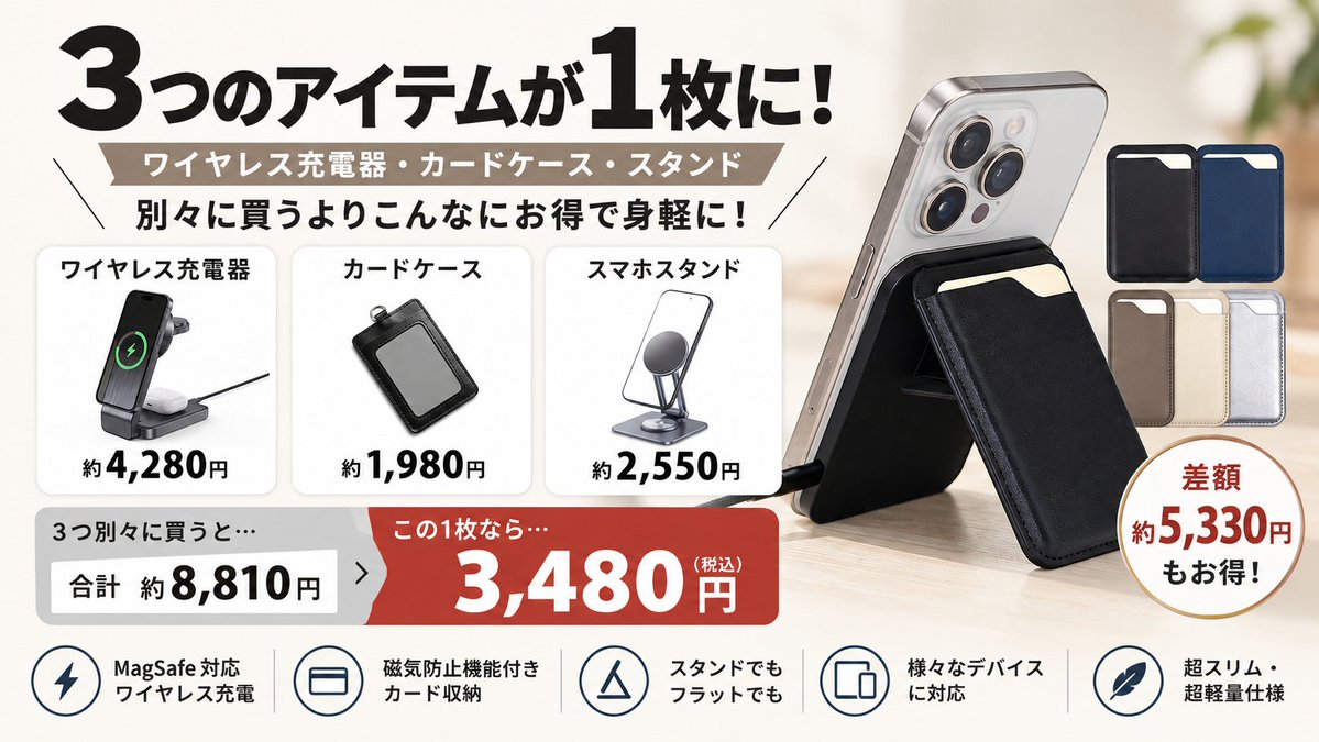 ChipsShopmaster's tweet photo. ＼🎉販売スタート／

スマホにピタッと吸着✨
カードポケットとスタンド機能を備えた
「カードケース型ワイヤレス充電器 ZZ-CD02」

✅ 最大15Wの急速ワイヤレス充電に対応
✅ スマートフォンだけでなく、AirPodsやApple Watchの充電にも対応
✅ カードポケット＆磁気防止機能を搭載
✅ スタンドにすれば、充電しながら動画視聴も♪
✅ 厚さ約11mm（折りたたみ時）・重さ約66gの薄型＆軽量設計
折りたためばコンパクトになり、外出や旅行、出張にも便利！

カラーはブラック・ネイビー・シルバー・グレージュ・アイボリーの5色。
お気に入りのカラーを見つけてください♪
販売価格：3,680円（税込）
商品はこちら
▼本店
https://t.co/ZwtuSXSs2T

※本製品には電源アダプターは付属しておりません。
#ワイヤレス充電器 #MagSafe #カードケース #スマホスタンド #スマホアクセサリー #便利グッズ #Shorts