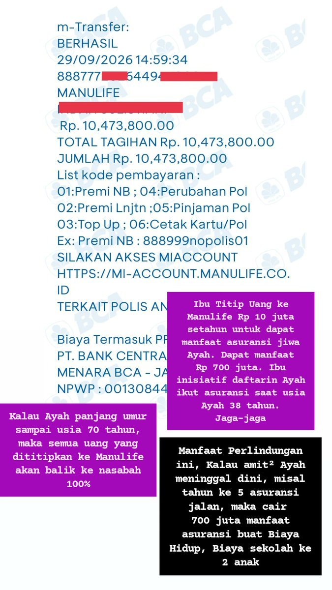 OlaLRJ's tweet photo. Ibu titip Uang 10 juta ke Manulife, dapat 700 juta manfaat asuransi jiwa Ayah.

Manfaat nya: Jika Ayah meninggal muda, maka cair manfaat perlindungan asuransi sebesar 700 juta buat Biaya Hidup 2 orang Anak, dan Biaya Sekolah nya 

Saat daftar asuransi Ayah usia 38 tahun. Di tanggung sampai usia 70 tahun.

Akhir kontrak usia Ayah 70 tahun, maka semua premi balik 100%.  

Beli 1 dapat Banyak Manfaat.

✓ Tips Hemat adalah Segera daftar usia saat ini, karena tambah usia premi makin naik dan mahal. Karena resiko meningkat.

Yang mau tanya² dulu silahkan WA 081361606623