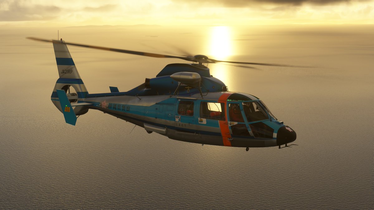 STheliBK117's tweet photo. 沖縄県警察航空隊AS365N2ドーファン JA21RPカラー（NullPさん作）でレスキューミッション
釣り中に沖に流された想定で吊り上救助です
しかし沖縄基地ありすぎて飛ぶのに苦労しますね😂
#MSFS2024 https://t.co/FkBNuABS1m