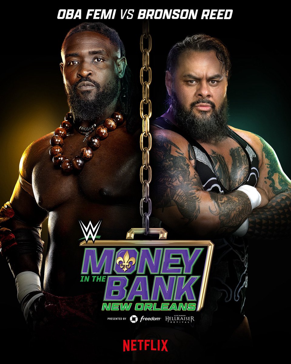 WWEUK's tweet photo. 📝 𝐎𝐅𝐅𝐈𝐂𝐈𝐀𝐋: @Obaofwwe will go one-on-one with @BRONSONISHERE at Money In The Bank! 💼🪜

🖥️ Watch #MITB LIVE on @NetflixUK on October 10th at 11pm BST! https://t.co/ZaF0qlVwZ0