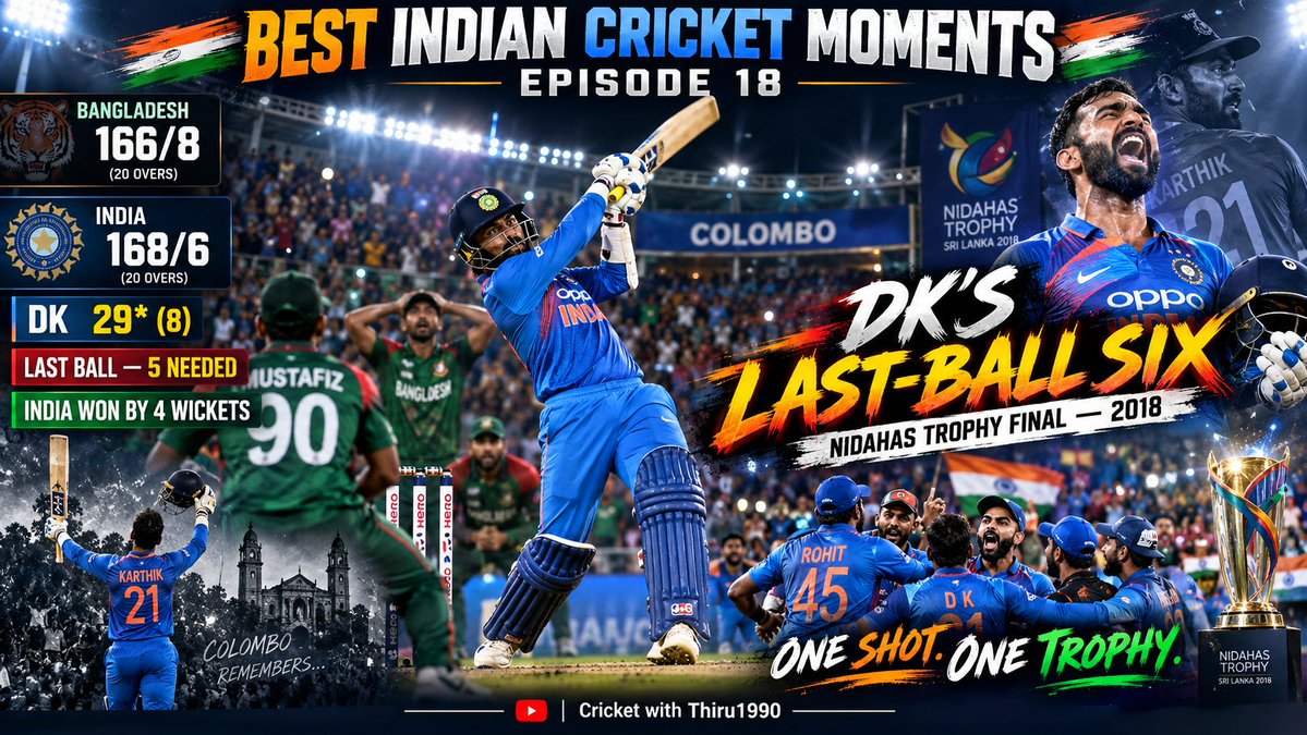 Thiru_1990's tweet photo. #INDvsBAN #NidahasTrophy #TeamIndia
5 ரன் தேவை… ஒரு ball மட்டும். DK என்ன பண்ணினார் தெரியுமா? 🔥
🏏 BEST INDIAN CRICKET MOMENTS — EPISODE 18 🇮🇳
Dinesh Karthik 29 (8) — Nidahas Trophy Final, 2018 ❤️🔥*
18 March 2018. Colombo. Nidahas Trophy Final. Bangladesh முதலில் bat பண்ணி 166/8 எடுத்தது. Sabbir Rahman 77. India chase ஆரம்பித்ததும் Rohit Sharma 56 அடித்து நல்ல base கொடுத்தார். ஆனா middle overs போகப் போக pressure அதிகமாயிடுச்சு.
18 overs முடிந்தப்போ Indiaக்கு தேவை 34 ரன் from 12 balls.
Final கிட்டத்தட்ட Bangladesh பக்கம் போயிட்ட மாதிரி இருந்தது.
அப்போதான் Dinesh Karthik creaseக்கு வந்தார்.
Rubel Hossain போட்ட 19th over.
DK first ballலேயே six.
அதுக்கப்புறம் four.
மீண்டும் six.
அந்த over மட்டும் matchஐ completely turn பண்ண ஆரம்பிச்சது. Karthik தனது முதல் 6 ballsலேயே 22 ரன் அடிச்சார்.
Last overக்கு equation manageableஆ மாறியிருந்தாலும் drama இன்னும் முடியல.
Vijay Shankar strikeல struggle பண்ணிக்கிட்டிருந்தார். Last overல wickets, singles எல்லாம் mix ஆகி match மறுபடியும் Bangladesh sideக்கு திரும்பிச்சு.
கடைசி ballக்கு...
Indiaக்கு 5 ரன் தேவை.
Four அடிச்சா tie கூட இல்லை.
Six மட்டும் தான் win.
Soumya Sarkar bowling.
DK strike.
Ball wide outside off side.
Karthik full swing.
Ball cover boundaryக்கு மேல...
SIX.
ஒரே shot.
Final முடிந்தது.
India champion. 🏆🔥
Dinesh Karthik finish:
29 from just 8 balls.
2 fours.
3 sixes.*
India 168/6 எடுத்து 4 wickets வித்தியாசத்தில் Nidahas Trophy Final வென்றது.
இந்த innings பெரிய century கிடையாது.
50 கூட கிடையாது.
Total 8 balls தான்.
ஆனா சில நேரம் ஒரு playerக்கு history எழுத 100 balls தேவையில்லை.
8 balls போதும்.
34 ரன் from 12 balls இருந்த match.
Last ballக்கு 5 ரன் தேவைப்பட்ட final.
அந்த pressureல coverக்கு மேல six அடித்து trophy finish பண்ணுறது…
அதுதான் இந்த inningsஐ special ஆக்குது.
DK careerல நிறைய ups and downs இருந்தது. India teamக்குள் வந்து போன phases இருந்தது. ஆனா அந்த Colombo night மட்டும் அவரோட பெயரை Indian cricket memoriesல permanentஆ எழுதிச்சு.
Last ball.
5 ரன் needed.
One shot required.
DK — SIX. ❤️🔥
சில finishes commentaryல மறைந்து போயிடும்.
சில finishes ball boundaryக்கு போன அந்த secondலேயே history ஆகிடும். 🇮🇳🔥
Cricket with Thiru1990 🏏