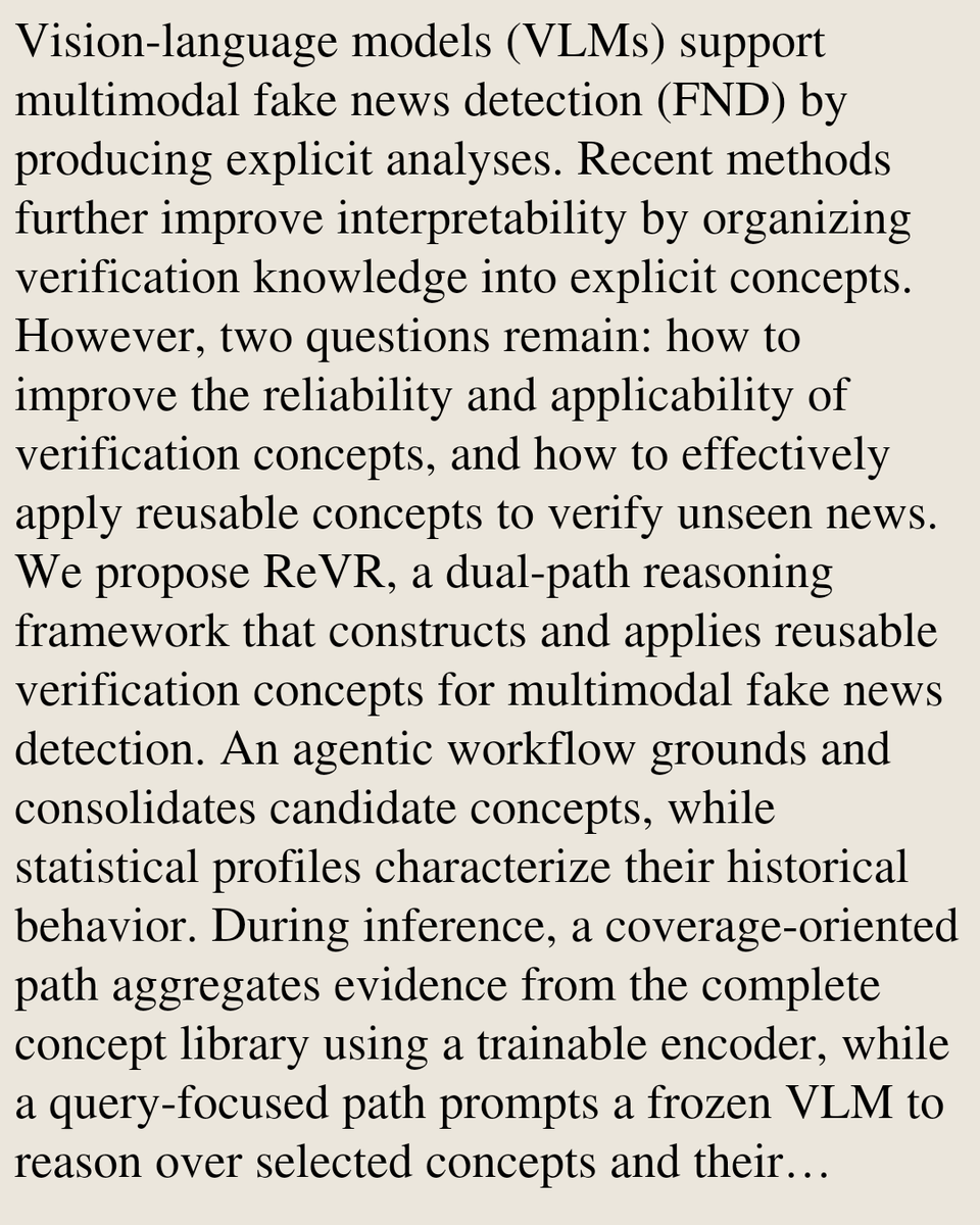 MultimediaPaper's tweet photo. ReVR: Dual-Path Concept Reasoning for Multimodal Fake News Detection

Zhikai Tan, Yuzhou Yang, Qichao Ying, Pinjie Xu, Sheng Li, Zhenxing Qian, Xinpeng Zhang
https://t.co/OdzhF6mpHz [𝚌𝚜.𝙼𝙼] https://t.co/sFGSJu4NCG