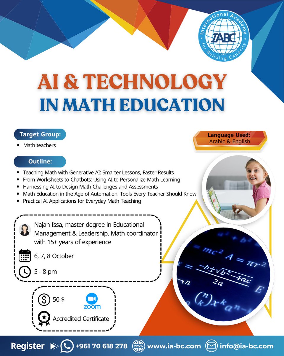 IABCMedia's tweet photo. 🎓شارك في AI &amp; #Technology in #MathEducation# ليتحول من مجرد فكرةAI إلى أداة فعالة في #تعليم_الرياضيات

💻عبر Zoom
🎓شهادة معتمدة

📲+96170618278

#GenerativeAI #ArtificialIntelligence #IABC #الأكاديمية_الدولية_لبناء_القدرات https://t.co/mws8JqLI4T