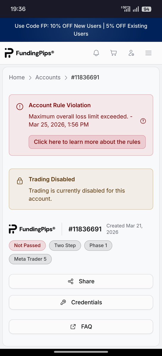darknessisop's tweet photo. Hi boss @Khldfx @avikkfp
Please check this out
It's important 

I had got 200k funded with account 20822057 on 10 September and my payout request date was 25 September

I made around 6000$ profit and I completed four minimum trading days on 24 September. I was eligible to request the payout just a day after.

I received an mail on 24 September that my account was found with the device shared by 26 different people.

Then I checked that account 11836669. It was 100k phase 1 which was created on 21 March and it was breached on 25 March. I had traded this account for only 3 days and breached it and continued my trading as usual.

After breaching this account, I traded more than 70 accounts and I couldn't secure any payout till now.
When I got eligible for payout request, I received these device sharing allegations.
( note: I hadn't even requested the payout ) 

I use only one device that is my phone and the device ID mentioned in the proof given by risk team doesn't match with my device that I have been using.

Closing my account and banning me because of the 6 months old account which I had breached in 3 days is not fair.

My questions are:

1. Why my account got reviewed in the first place when I hadn't even requested the payout?

2. Why was i allowed to buy and blow more than 70 accounts after the supposed device sharing?

My theory is someone logged in in some shady device who had access to my credentials. I don't know how someone could have had access to my credentials. I am a experienced propfirm trader and i know the rules and I can't do such a mistake.

I can't see the logs of account myself but I request @Khldfx
to check the logs and I'm pretty sure that my shared device login date will be 24 September, the same day I had secured the payout. If this turns out to be true, why would I login 6 months old blown account anywhere after securing the payout!

It's like risk team waited for me to being allegable for a payout to pull up this or there could be a sincere technical issue.

I know @fundingpips
Is too big to pull up any scam just because of my 6000$ payout but I am making this post because I'm innocent and I'm feeling betrayed.

All I am asking is fair and unbiased review of my case again by someone with higher authority than risk team.

I will respect any conclusion or decision after this review and will not argue further.
