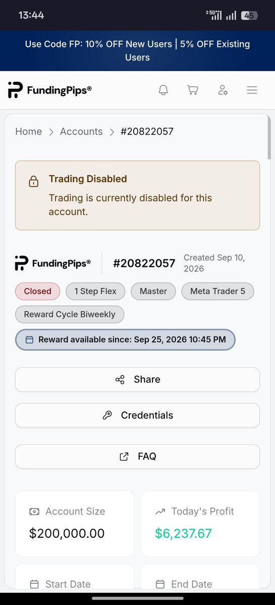 darknessisop's tweet photo. Hi boss @Khldfx @avikkfp
Please check this out
It's important 

I had got 200k funded with account 20822057 on 10 September and my payout request date was 25 September

I made around 6000$ profit and I completed four minimum trading days on 24 September. I was eligible to request the payout just a day after.

I received an mail on 24 September that my account was found with the device shared by 26 different people.

Then I checked that account 11836669. It was 100k phase 1 which was created on 21 March and it was breached on 25 March. I had traded this account for only 3 days and breached it and continued my trading as usual.

After breaching this account, I traded more than 70 accounts and I couldn't secure any payout till now.
When I got eligible for payout request, I received these device sharing allegations.
( note: I hadn't even requested the payout ) 

I use only one device that is my phone and the device ID mentioned in the proof given by risk team doesn't match with my device that I have been using.

Closing my account and banning me because of the 6 months old account which I had breached in 3 days is not fair.

My questions are:

1. Why my account got reviewed in the first place when I hadn't even requested the payout?

2. Why was i allowed to buy and blow more than 70 accounts after the supposed device sharing?

My theory is someone logged in in some shady device who had access to my credentials. I don't know how someone could have had access to my credentials. I am a experienced propfirm trader and i know the rules and I can't do such a mistake.

I can't see the logs of account myself but I request @Khldfx
to check the logs and I'm pretty sure that my shared device login date will be 24 September, the same day I had secured the payout. If this turns out to be true, why would I login 6 months old blown account anywhere after securing the payout!

It's like risk team waited for me to being allegable for a payout to pull up this or there could be a sincere technical issue.

I know @fundingpips
Is too big to pull up any scam just because of my 6000$ payout but I am making this post because I'm innocent and I'm feeling betrayed.

All I am asking is fair and unbiased review of my case again by someone with higher authority than risk team.

I will respect any conclusion or decision after this review and will not argue further.