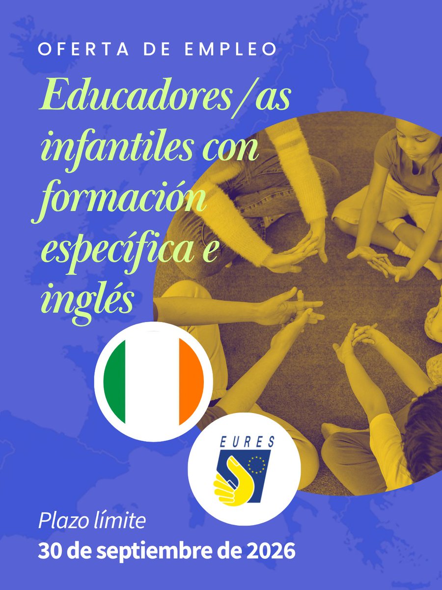 SAEmpleo's tweet photo. ¿Eres profesional de #EducaciónInfantil y tienes inglés B2?
EURES busca educadores/as para trabajar en guarderías de Irlanda
✅ Contrato indefinido
💶 14,15–17,25 €/h
🏠 Ayuda para alojamiento
📅 Plazo hasta el 30/09
Más información https://t.co/q4Som1ajMo
#SAE #EURES #Empleo https://t.co/qQRE1wDctY