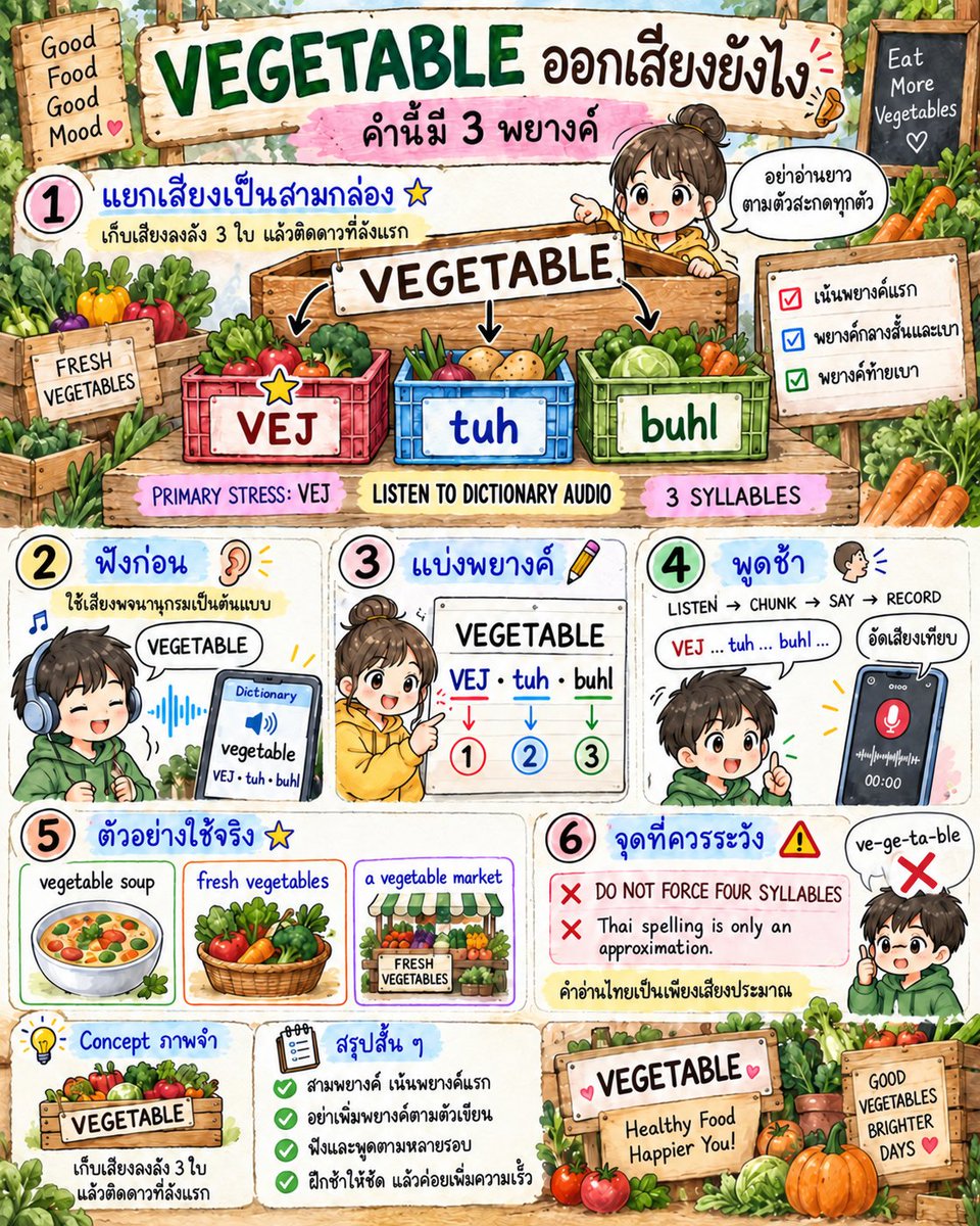EngnowThailand's tweet photo. vegetable มี 3 พยางค์: VEJ-tuh-buhl เน้นพยางค์แรก อย่าอ่านสี่พยางค์ตามตัวสะกด และควรฟังเสียงพจนานุกรมเทียบ #Engnow #EnglishPronunciation https://t.co/F2iEmEWbax