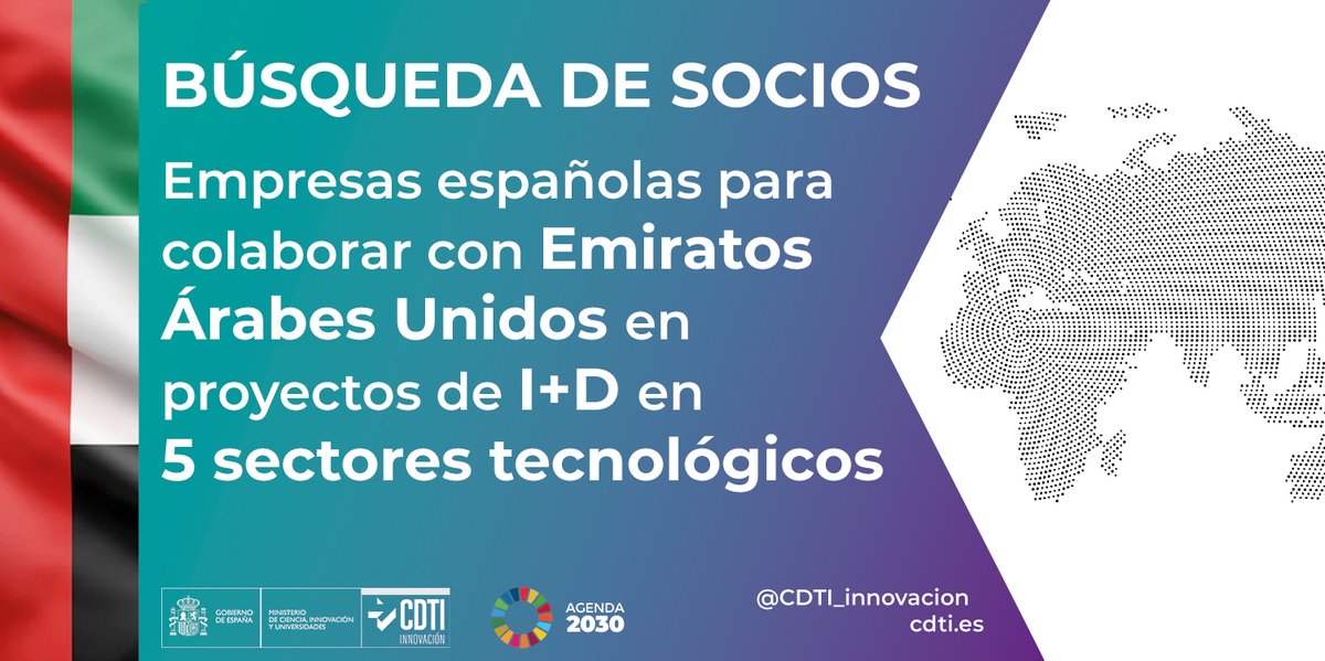 CDTI_innovacion's tweet photo. 🇦🇪🇪🇸  Búsqueda de empresas españolas para colaborar con Emiratos Árabes Unidos en proyectos de I+D en 5 sectores tecnológicos 

🔹 La propuesta está prevista para su presentación a la convocatoria 2026 de proyectos de #CooperaciónTecnológicaInternacional con certificación y seguimiento unilateral

🔗Más información: https://t.co/JB8RH0hAjo

#AyudandoCraerFuturo #CooperaciónInternacional #CooperaciónTecnológica #EspañaEAU #EspañaEmiratos #ODS9 #Agenda2030