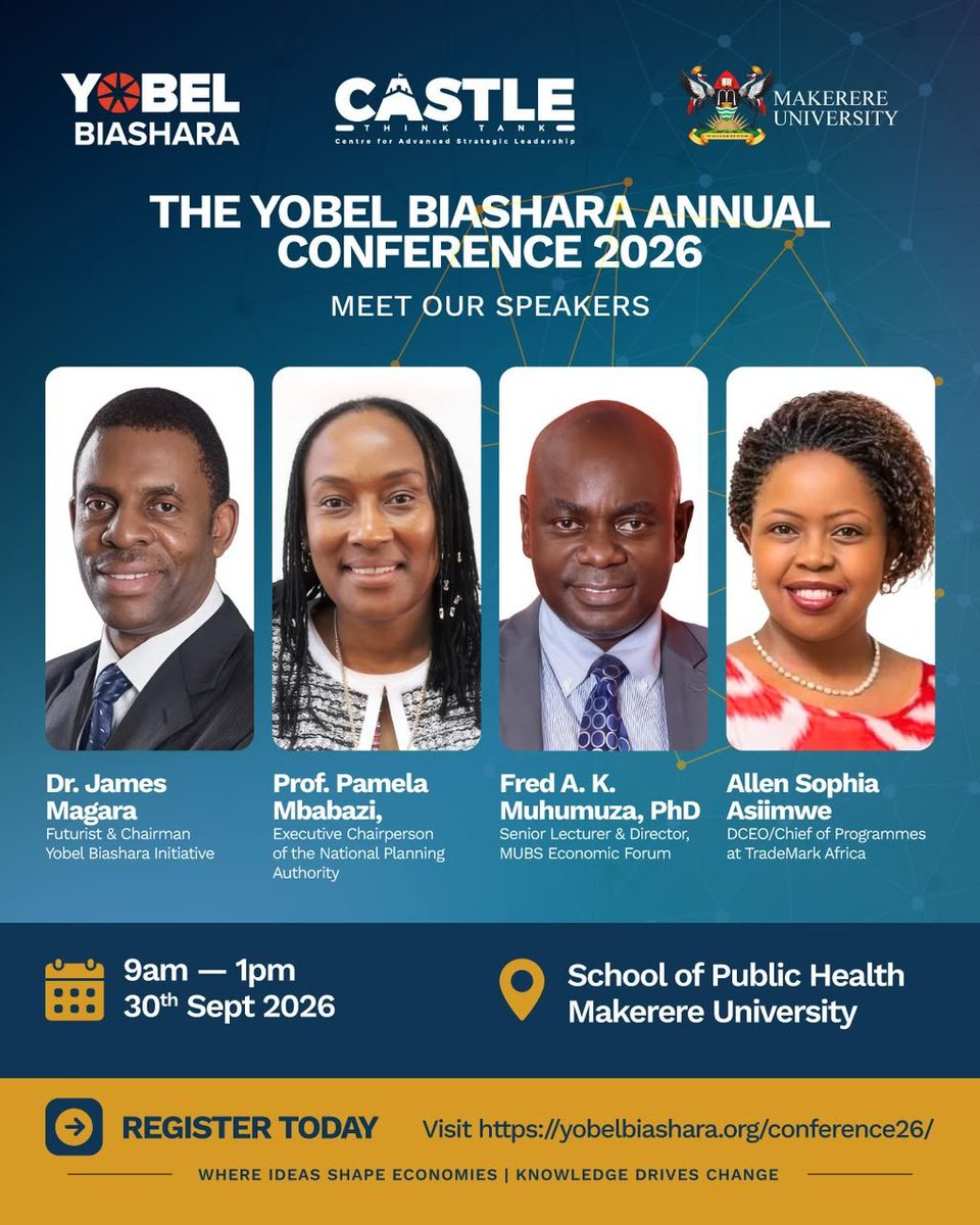 MakerereAlumni's tweet photo. 🌍 Africa’s Agency in an Era of Geopolitical Change

Are Uganda and Africa shaping the decisions redefining global trade, currency and power or simply reacting to them?

Join the Yobel Biashara Annual Conference tomorrow, 30 Sept, 9 AM–1 PM at @Makerere, featuring leading voices in policy, economics and trade.

📍 @MakSPH , @Makerere. 
💻 Online attendance is open to all who register to participate.

Link: https://t.co/gX5d6DbTkX

#YobelBiashara2026 #AfricaAgency