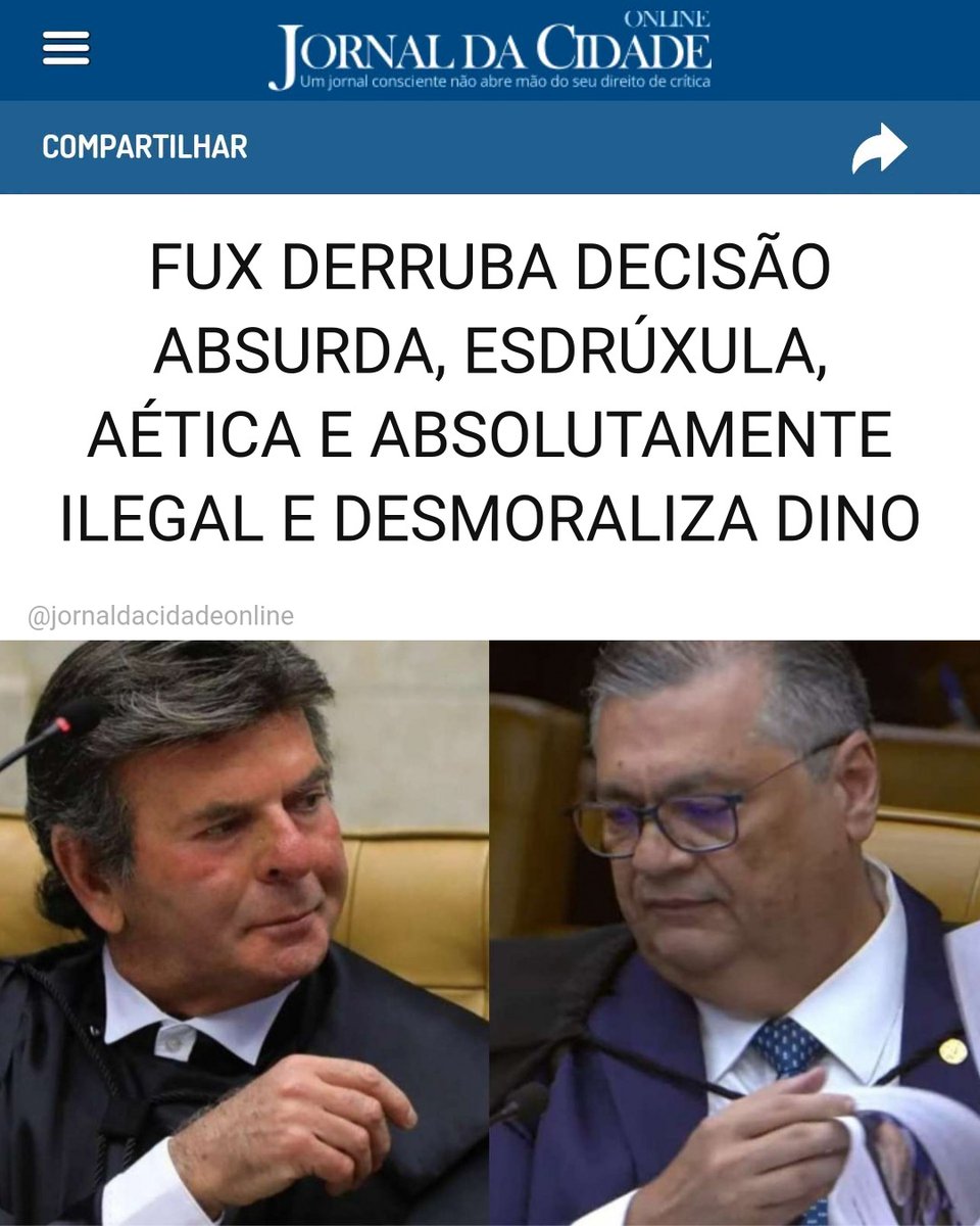JornalDaCidadeO's tweet photo. FUX DERRUBA DECISÃO ABSURDA, ESDRÚXULA, AÉTICA E ABSOLUTAMENTE ILEGAL E DESMORALIZA DINO

O ministro Luiz Fux, do Supremo Tribunal Federal (STF), derrubou nesta segunda-feira (28) ordem de Flávio Dino e determinou novamente a suspensão de publicações sobre Nossa Senhora Aparecida. O magistrado deu 24 horas para o cumprimento da decisão e pediu que a medida seja analisada pelo plenário da corte.

Na condição de ministro do Trubunal Superior Eleitoral (TSE), André Mendonça havia determinado, na sexta (25), a derrubada de publicações que tratassem como verídica a notícia falsa de que Flávio Bolsonaro (PL) iria retirar de Nossa Senhora Aparecida o título de padroeira do Brasil.

Na decisão provisória, ainda pendente de confirmação pelo plenário do TSE, Mendonça ordenou que as redes sociais "atuem preventivamente contra a disseminação dos conteúdos" que tratam do tema, classificado por ele de "notoriamente inverídico". Também afirmou que os provedores deveriam indisponibilizar imediatamente as publicações que reproduzam essa notícia falsa mesmo sem uma nova ordem judicial específica para isso.

A campanha de Flávio Bolsonaro recorreu a Fux após Dino, no domingo (27), liberar publicações na internet sobre Nossa Senhora Aparecida. Fux é relator da ação do Marco Civil da Internet.

A notícia falsa de que Flávio, se eleito, pretende retirar o título da santa de padroeira do Brasil viralizou nos últimos dias e tem preocupado a campanha do senador. Com o pedido, o candidato do PL buscava restabelecer a ordem de Mendonça.

"A questão se torna ainda mais sensível no ambiente eleitoral, em que a informação falsa pode alcançar milhões de pessoas antes que qualquer reparação posterior produza efeito útil, comprometendo a própria legitimidade do processo eleitoral, dadas as exiguidades dos prazos", escreveram os advogados de Flávio.

Em sua decisão, Fux justificou a adoção da medida citando, entre outros argumento, a proximidade das eleições. "O referendo [da decisão de Dino] foi designado para 'sessão presencial', sem data; se sobrevier após o pleito, qualquer que seja o seu resultado, terá perdido a utilidade – pressuposto inerente à tutela de urgência", afirmou.

O magistrado disse ainda que sua decisão não "cassa" a do colega, apenas "suspende-lhe os efeitos externos até a deliberação do colegiado", em referência ao plenário do Supremo.

O presidente do STF, Edson Fachin, sinalizou que deve levar o caso a deliberação pelo pleno nesta quarta (30).

Matéria do Jornal da Cidade Online