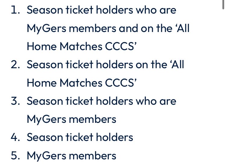 RangersFCSLO's tweet photo. Tickets for the upcoming semi-final are being allocated in the order shown in this image.

They have currently been offered to all supporters in group 1, who have until 09:00 on Thursday, 1 October to purchase, subject to availability.

If tickets remain available at this point, it will drop to group 2 and be allocated on a top-down basis using MyGers points.

This process will continue, moving through the groups until all tickets are sold. Tickets remain subject to availability and there is no guarantee of an offer.

Any supporter who is eligible for a ticket will receive an email directly informing them of the sales process.