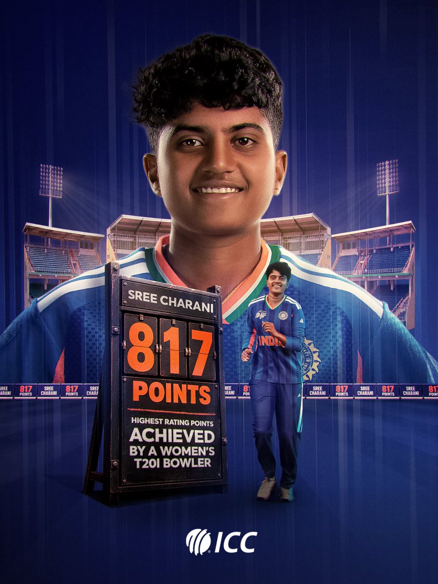ICC's tweet photo. 𝑨 𝒏𝒆𝒘 𝒉𝒊𝒈𝒉 👑

Sree Charani makes history by achieving the highest-ever rating in the ICC Women’s T20I Bowling Rankings 🔥

More ➡️ https://t.co/DRhzRVVqfy https://t.co/6qfadC4XeP