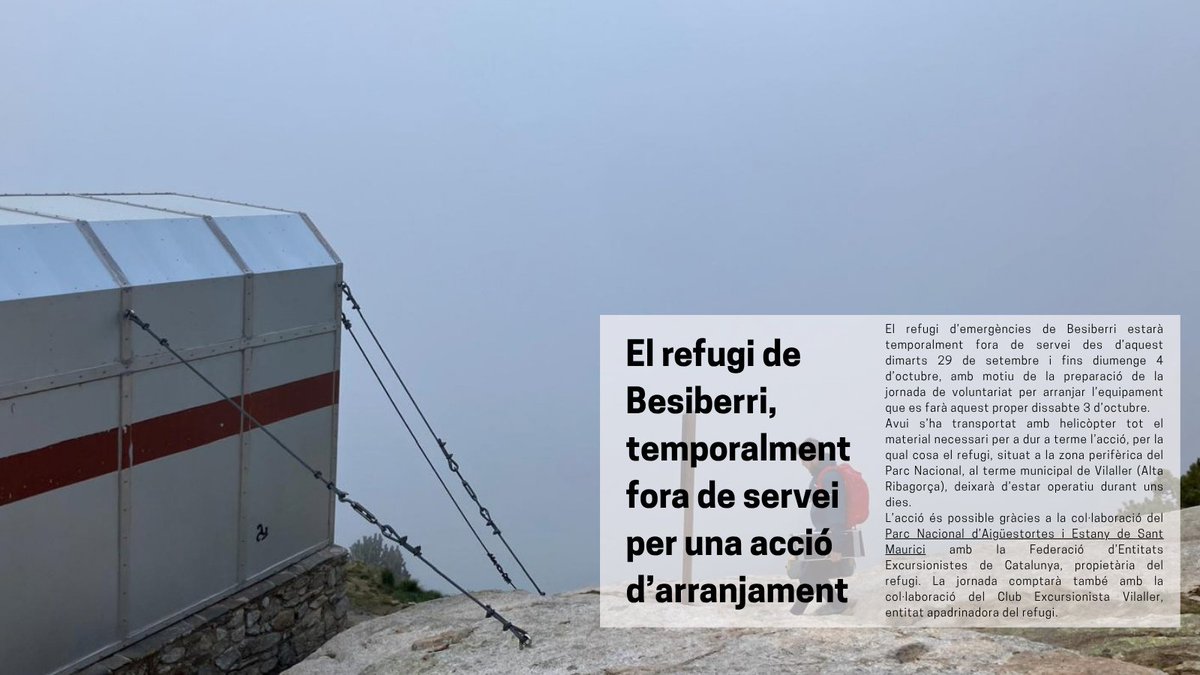 FEEC_cat's tweet photo. ⚠️ El refugi d'emergència de Besiberri estarà tancat temporalment a partir d'aquest dimarts 29 de setembre. 

Aquest cap de setmana es faran diferents accions de millora i manteniment del refugi. 

🔗 https://t.co/OE1cNYQ2nA

#sentlamuntanya #sommuntanya #refugisfeec https://t.co/hjc3u3r8VN