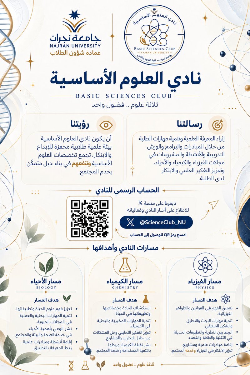 ScienceClub_NU's tweet photo. ثلاثة علوم.. فضول واحد🌟
نرحّب بكم في نادي العلوم الأساسية بجامعة نجران، حيث تلتقي الفيزياء ⚛️ والكيمياء 🧪 والأحياء 🧬 في مساحة تجمع العلم والابتكار والفضول.
هنا يبدأ الفضول… ويُصنع الاكتشاف ✨
#نادي_العلوم_الأساسية #جامعة_نجران https://t.co/qWUKzpfPqK