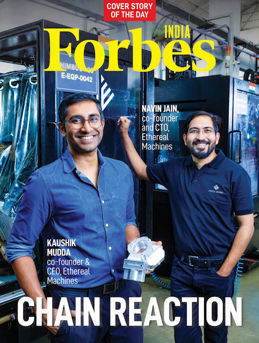 etherealmachine's tweet photo. In 2014, two engineering students wanted to build a robotic arm.

One part of it could only be cut on a CNC machine. So they built the CNC machine first.

That is where Ethereal Machines starts. @ForbesIndia  has the full version this month, inside a larger story about Indian companies choosing to own their technology rather than buy it.

Kaushik's line in the article: Our IP sits across hardware, software, and electronics.

Article link: https://t.co/7S8t5j5uvH