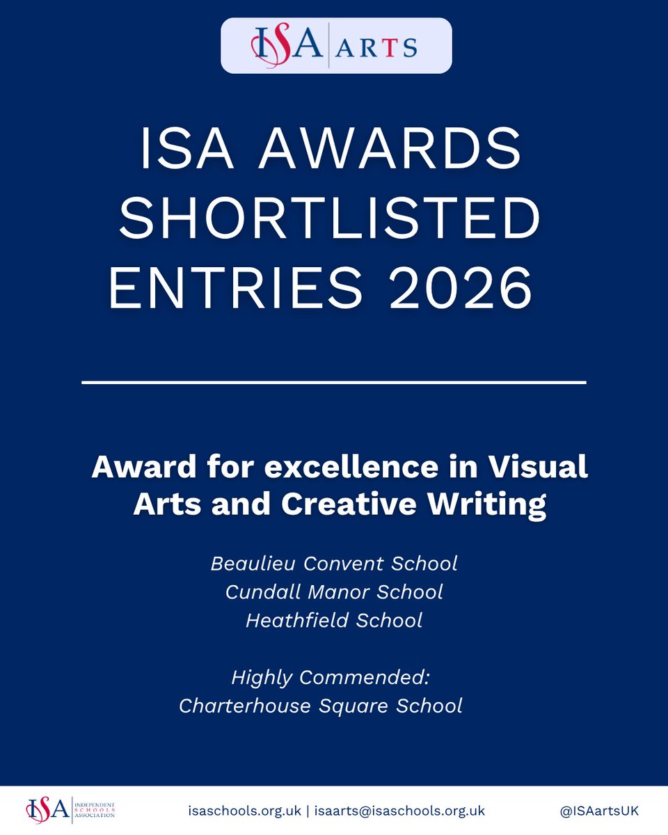 ISAartsUK's tweet photo. 🎉 Congratulations to all the schools shortlisted for the ISA Awards 2026!

🏆 The winners will be revealed at the ISA Autumn Leaders Conference in November 2026. View the full shortlist below.

@isaschools https://t.co/RdP8tdwXSn