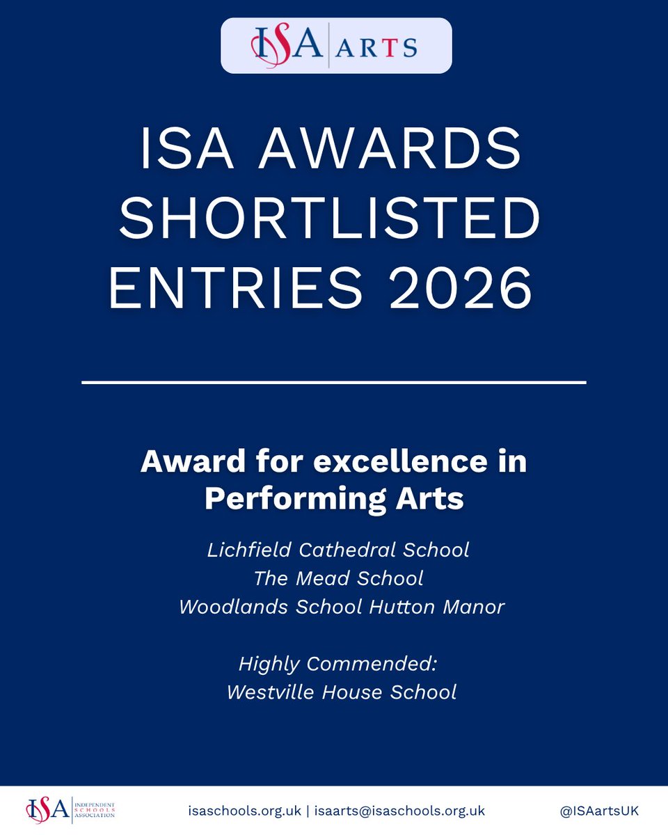ISAartsUK's tweet photo. 🎉 Congratulations to all the schools shortlisted for the ISA Awards 2026!

🏆 The winners will be revealed at the ISA Autumn Leaders Conference in November 2026. View the full shortlist below.

@isaschools https://t.co/RdP8tdwXSn