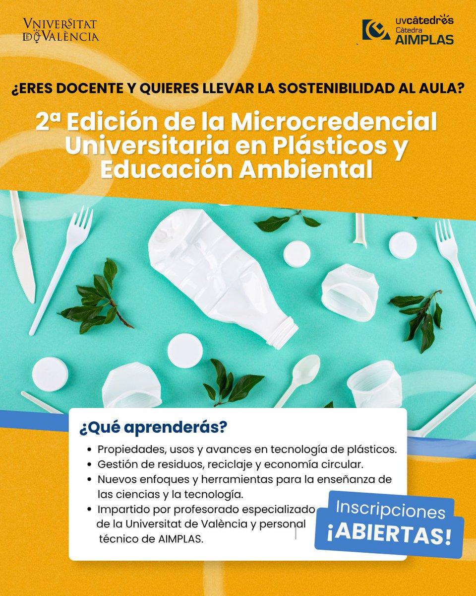 aimplas's tweet photo. ¡Últimas horas para inscribirte a la 2ª edición de la Microcredencial Universitaria en Plásticos y Educación Ambiental!

📅 Del 15 de octubre al 18 de diciembre de 2026
💻 Online
⚠️ Hay pocas plazas disponibles

✍🏻 Inscríbete desde aquí: https://t.co/K57JhUH15s https://t.co/g5KnbFimpQ