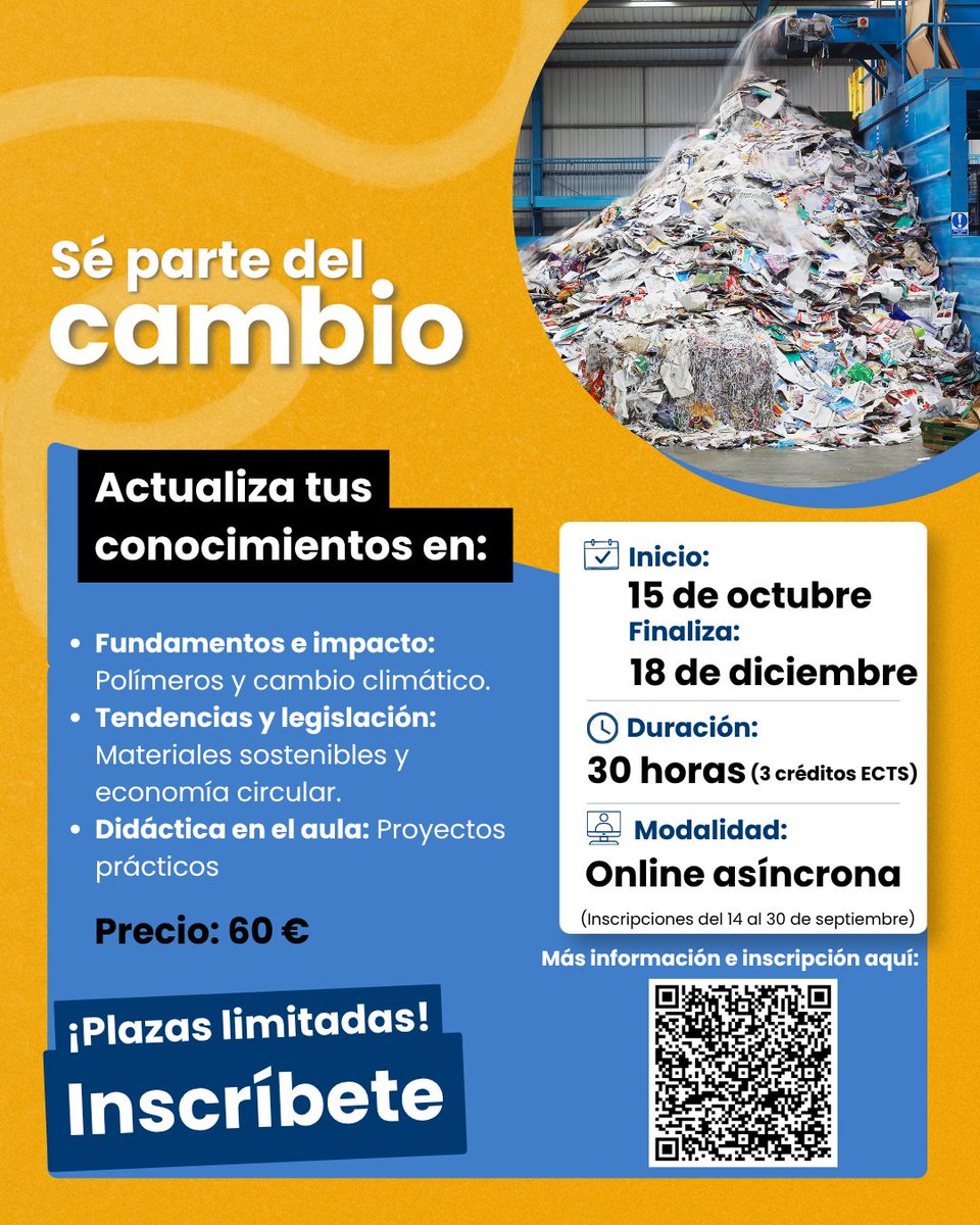 aimplas's tweet photo. ¡Últimas horas para inscribirte a la 2ª edición de la Microcredencial Universitaria en Plásticos y Educación Ambiental!

📅 Del 15 de octubre al 18 de diciembre de 2026
💻 Online
⚠️ Hay pocas plazas disponibles

✍🏻 Inscríbete desde aquí: https://t.co/K57JhUH15s https://t.co/g5KnbFimpQ