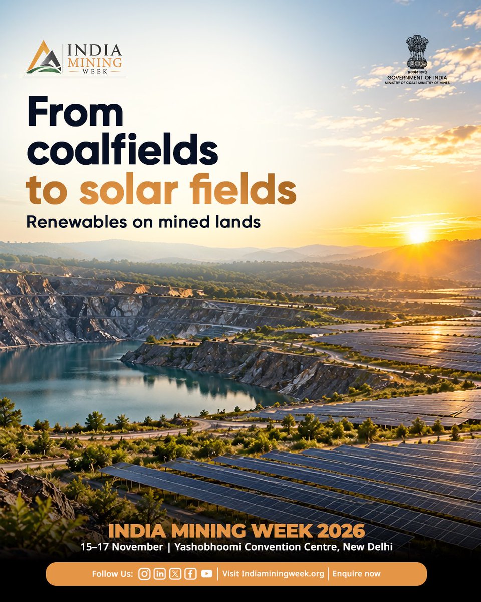 Official_IMW's tweet photo. Reclaimed mining land across India is finding new life as solar farms and eco-parks — sustainability in action, showcased at IMW 2026. 

Visitor Registration - https://t.co/iCpnRBTjUe

Delegate Registration - https://t.co/rShzjsc3n8

#IndiaMiningWeek #IMW2026 #EnergyTransition #IndiaMiningWeek2026 #MinistryOfCoal #MinistryOfMines #Coal #Mining