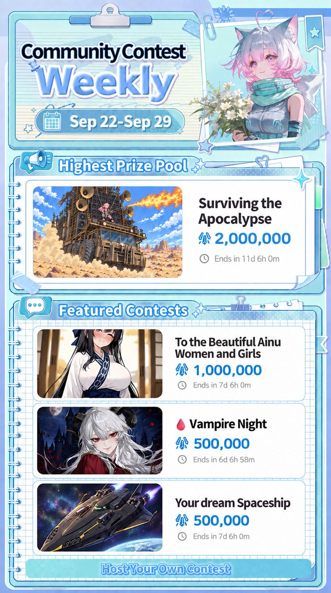 PixAI_EN's tweet photo. 📢 PixAI Weekly Update (Sep 22 – Sep 29)
Dear PixAI Community:
This week's updates are summarized in the poster below 👇:
• Improved Tsubaki.3 experience! Non-members can generate 3 times with Ultra Mode.
  • Try Ultra Mode
• "Character Nail Generator" is now live
  • Create character nails to show your love for your favorite characters!
• Edit Pro now supports 3:5 and 5:3 aspect ratios.
• Improved LoRA training draft management. You can now delete saved drafts you no longer need.
• Improved model pop-ups and Collection cards for a cleaner, smoother browsing experience.
• Mobile v4.24.0 is now available! It includes Tsubaki.3 Unlimited Mode, new model and LoRA market sorting options, and Comment Stickers, along with improved performance and stability. We recommend updating to the latest version.

🎨 Weekly Community Contest
Find the next challenge and start creating!
Thank you for your continued support of PixAI❤️
The PixAI Team