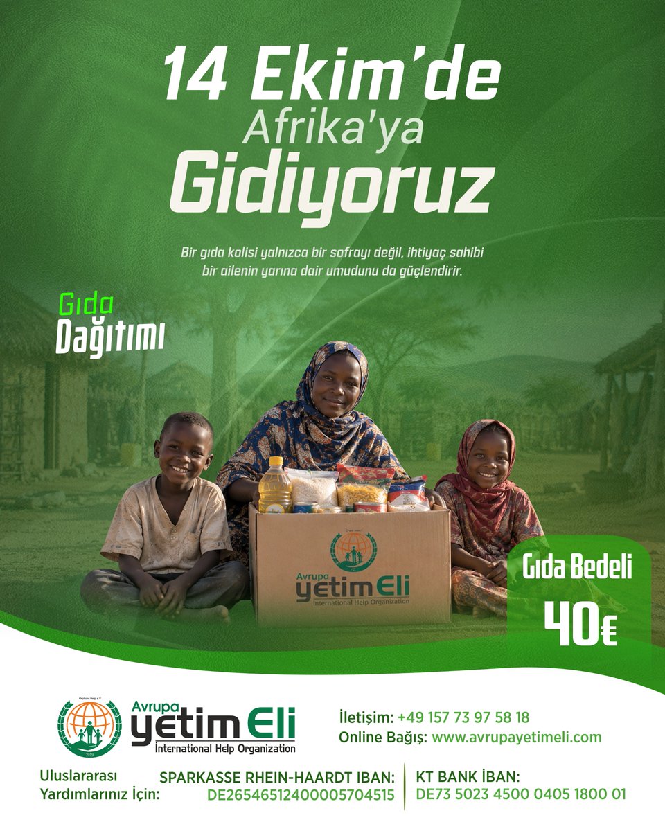 Avrupa_Yetimeli's tweet photo. 🇹🇷14 Ekim'de Afrika'ya gidiyoruz.🍀

Bir gıda kolisi yalnızca bir sofrayı değil, ihtiyaç sahibi bir ailenin yarına dair umudunu da güçlendirir.

Gida Paketi Bedeli: 40€

🇩🇪Am 14. Oktober reisen wir nach Afrika !

Ein Lebensmittelpaket füllt nicht nur den Tisch, sondern schenkt einer bedürftigen Familie auch Hoffnung für morgen.

Lebensmittelverteilung: 40€