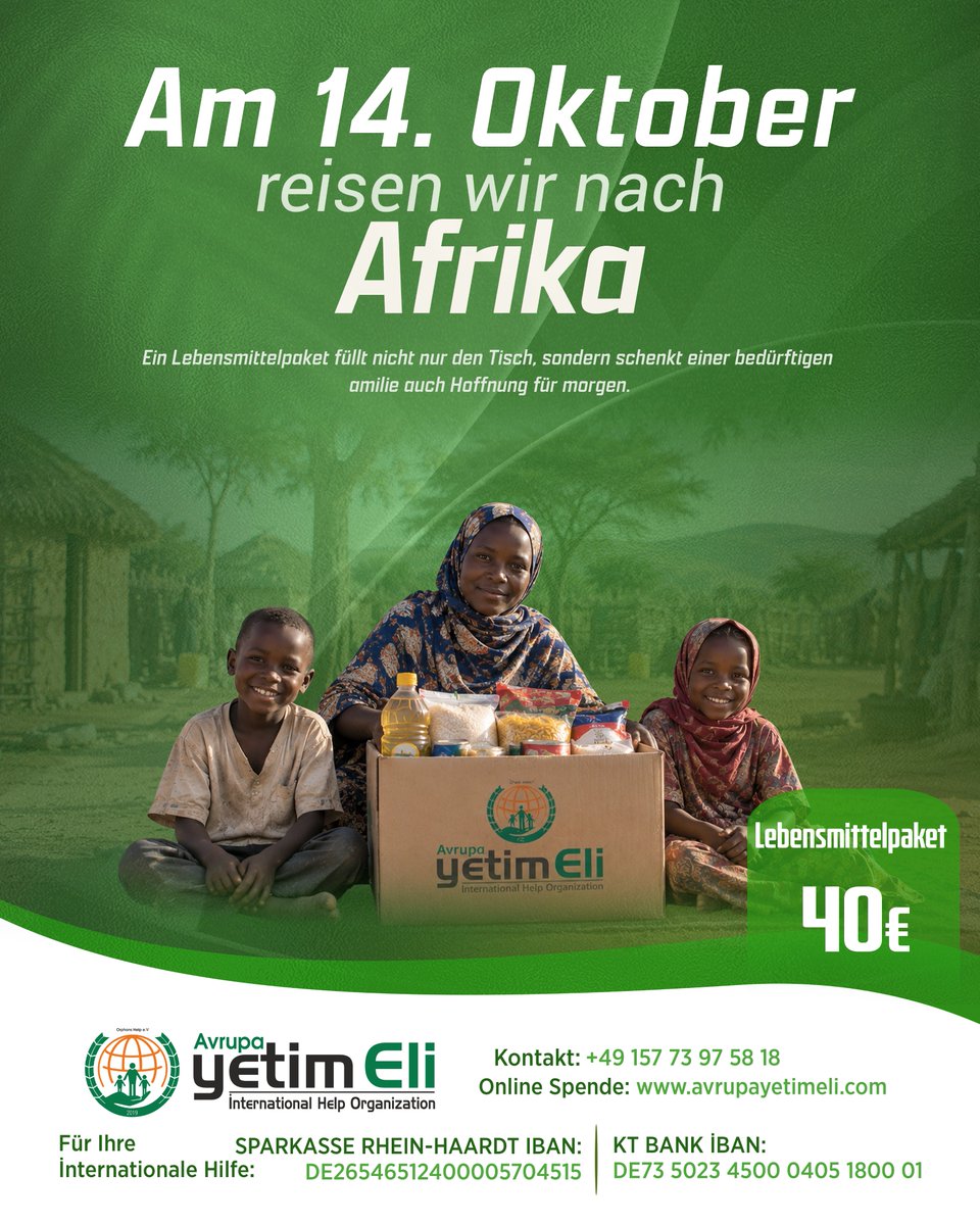 Avrupa_Yetimeli's tweet photo. 🇹🇷14 Ekim'de Afrika'ya gidiyoruz.🍀

Bir gıda kolisi yalnızca bir sofrayı değil, ihtiyaç sahibi bir ailenin yarına dair umudunu da güçlendirir.

Gida Paketi Bedeli: 40€

🇩🇪Am 14. Oktober reisen wir nach Afrika !

Ein Lebensmittelpaket füllt nicht nur den Tisch, sondern schenkt einer bedürftigen Familie auch Hoffnung für morgen.

Lebensmittelverteilung: 40€