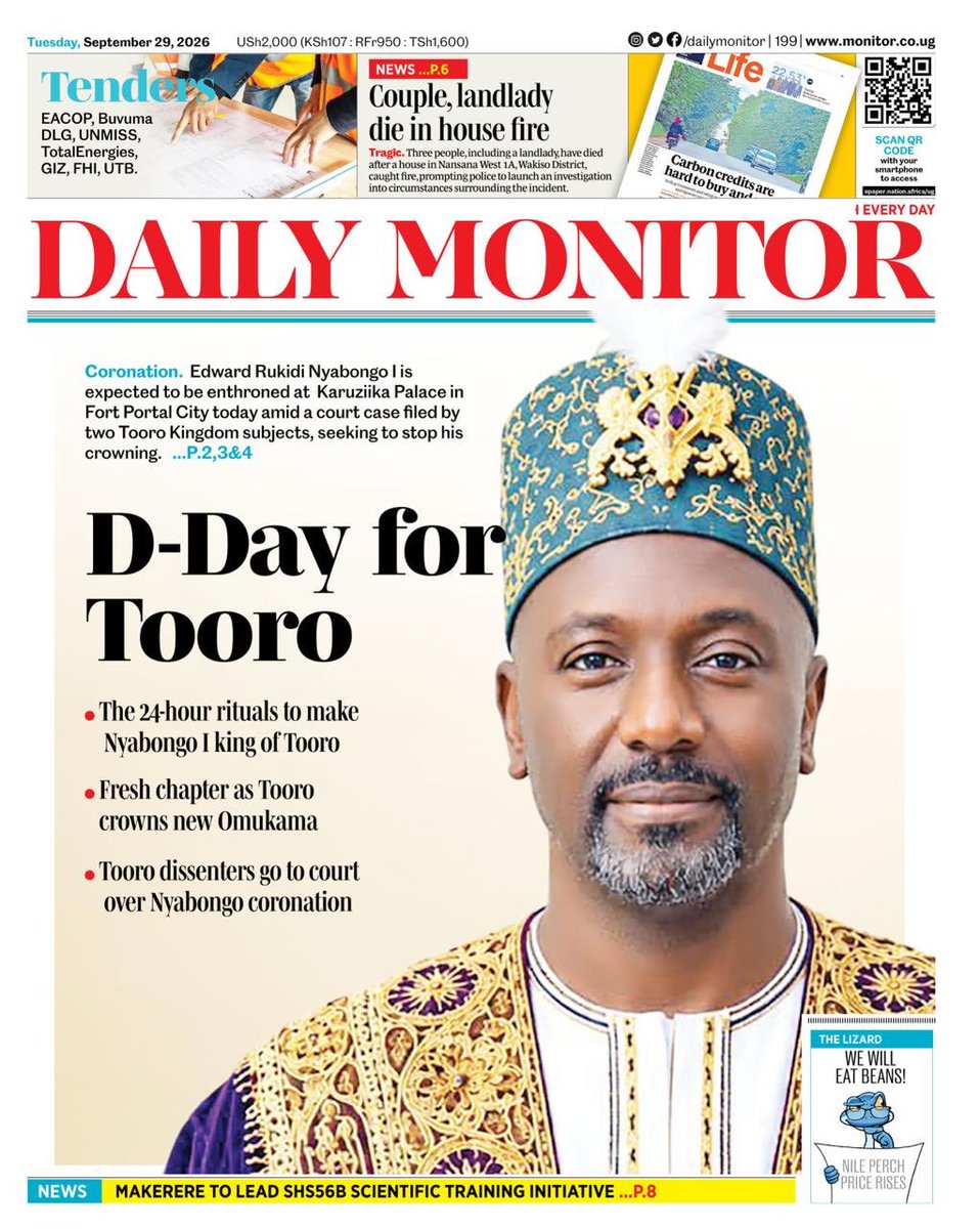 bettymudondo03's tweet photo. Today, we witness the historic coronation of Prince Edward Rukidi Nyabongo I as the new Omukama of Tooro.

📺 Join me, @bettymudondo03, on @ntvuganda tonight for a special recap of the coronation, rituals, history and the road ahead for the new Omukama.
#NTVNews https://t.co/Xt4KUFHaUs