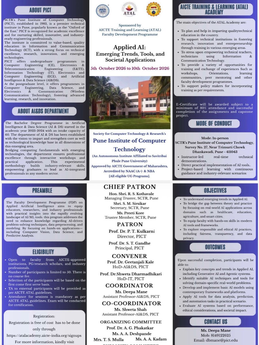 PunePict's tweet photo. AICTE–ATAL One-Week FDP on "Applied AI: Emerging Trends, Tools, and Societal Applications" at PICT!
🔹 Mode: In-person
📅 Date: 05th October 2026 – 10th October 2026
#PuneTech #EngineeringStudents #AI #Data #AICTE #ATALFDP #AppliedAI #AITools #HigherEducation #TechCommunity https://t.co/EK8GmcWhSV