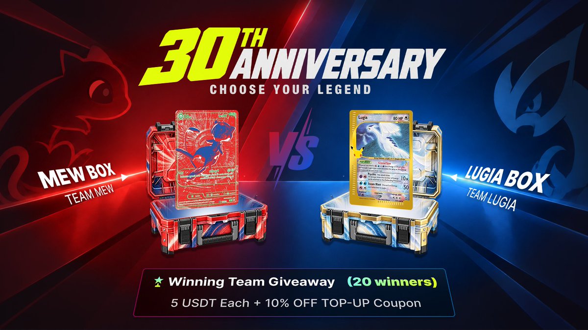 YooBoxGG's tweet photo. 20 winners will each receive 5 USDT + a 10% off top-up coupon.

#YooBox brings Mew and Lugia face to face for #Pokemon30th. Pick your side in our #PokemonTCG showdown on Discord by Oct 1, 6 AM ET.

The larger team unlocks the draw. Winning team members enter separately Oct 1–3.