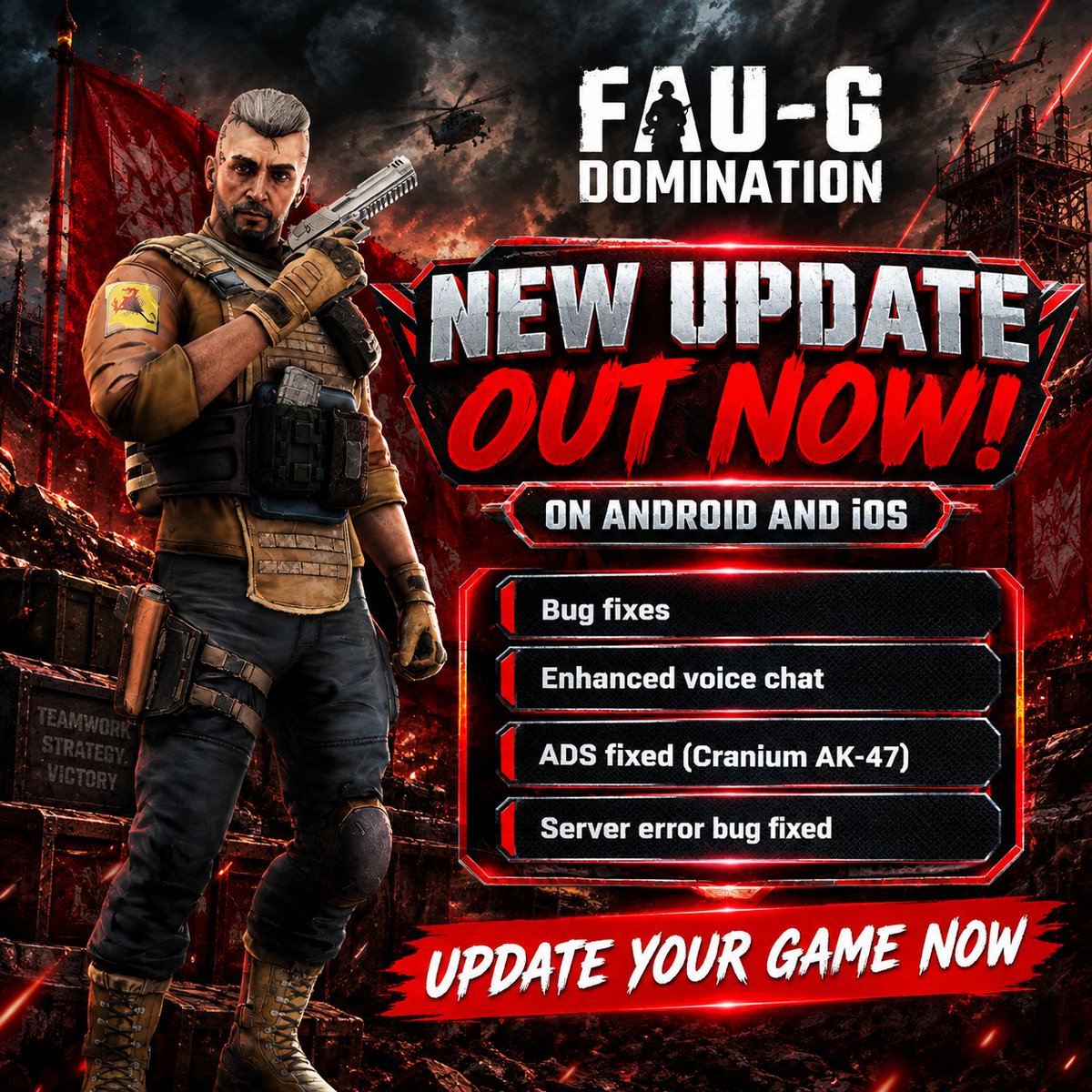 FAUGDomination's tweet photo. Here's the aid to all your woes.

New update arrives with new fixes and enhanced voice chat.

Out on Android and iOS.

#FAUGDomination #FVS #MilitaryShooter #MadeinIndia https://t.co/2hGNfoIt9G