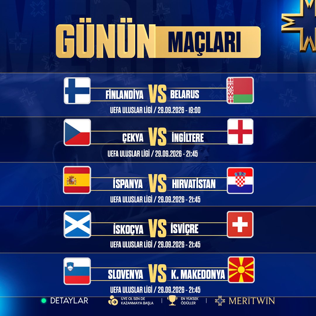 meritwinsosyal's tweet photo. 🔥 BU AKŞAM FUTBOL DOLU!
5 maç, tek gecede bol heyecan. ⚽

🇫🇮 Finlandiya 🆚 Belarus — 19:00
🇨🇿 Çekya 🆚 İngiltere — 21:45
🇪🇸 İspanya 🆚 Hırvatistan — 21:45
🏴 İskoçya 🆚 İsviçre — 21:45
🇸🇮 Slovenya 🆚 K. Makedonya — 21:45

📲 Telegram: https://t.co/maeCpi4vRD
📺 Canlı Yayın: https://t.co/yvZugn7yql
🔗 Güncel Adres: https://t.co/l9PRzdGtbW